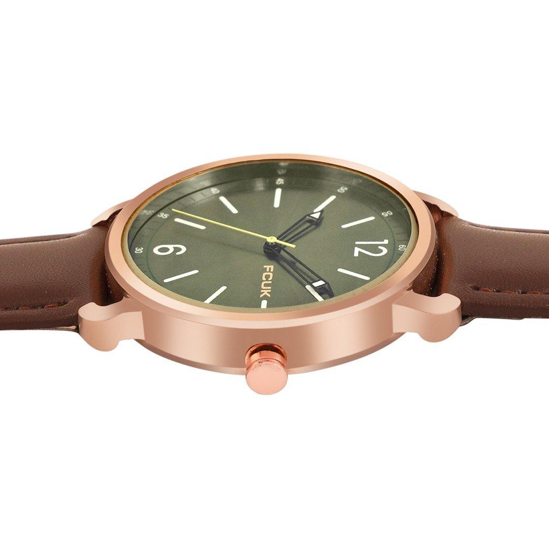 Green - FCUK - FCUK Rose Case Round Shape Brown Strap Quartz Watch - 3