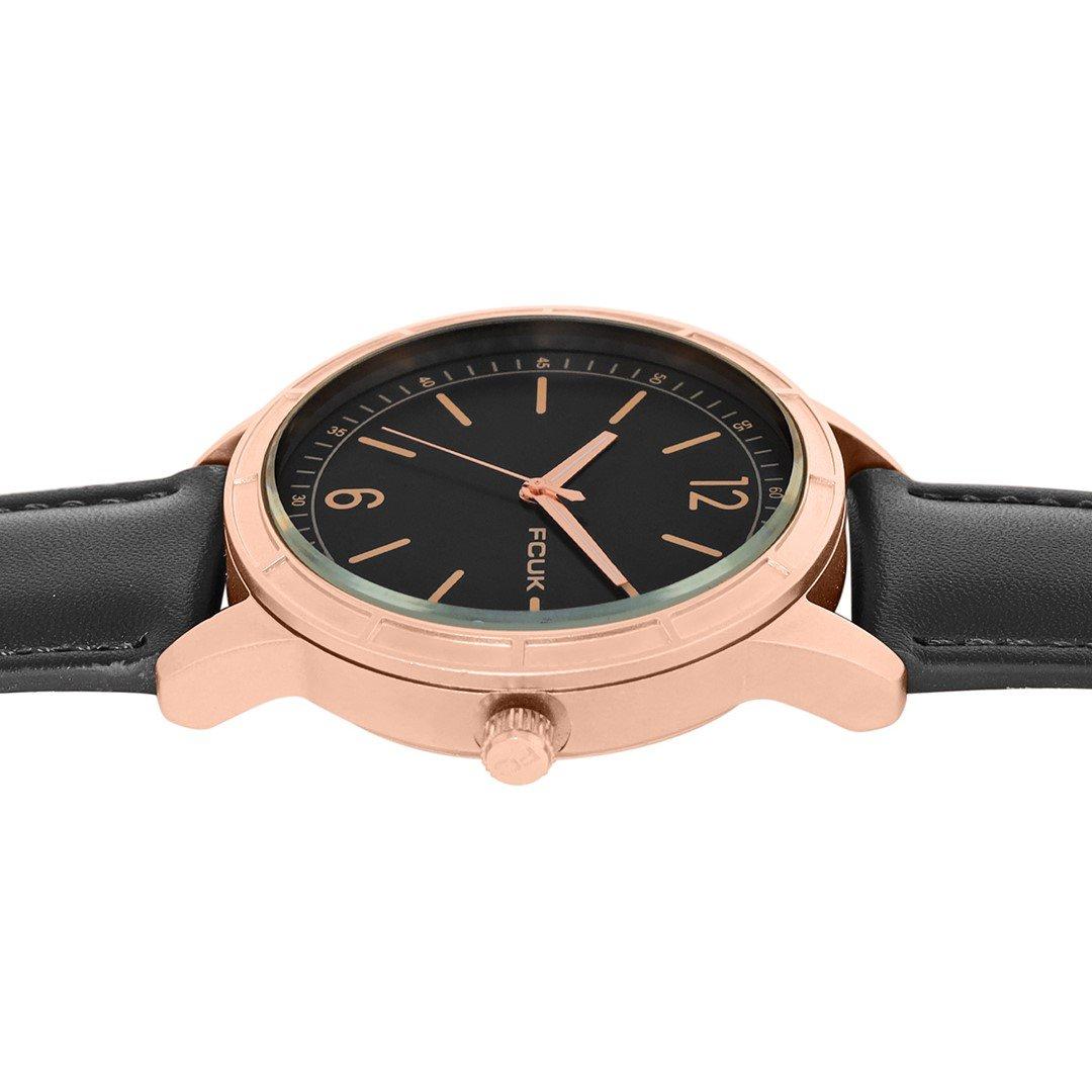 Black - FCUK - FCUK Rose Case Round Shape Black Strap Quartz Watch - 3