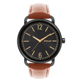 FCUK FCUK Black Case Round Shape Tan Strap Quartz Watch
