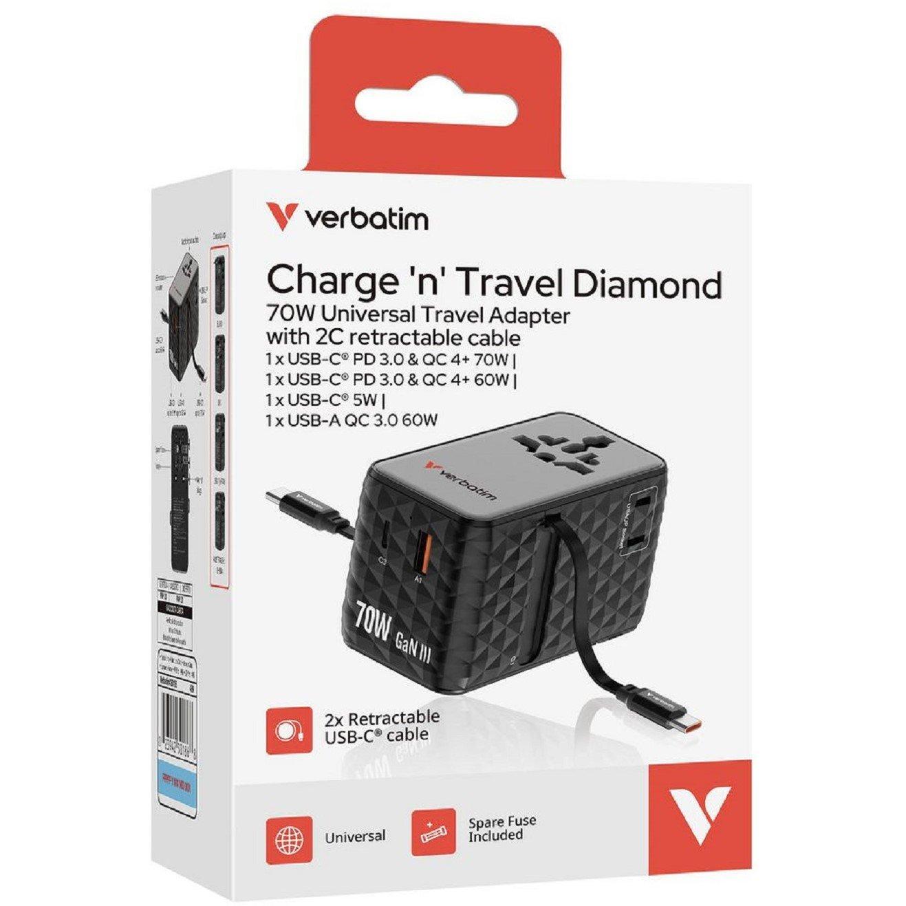 Verbatim Charge n Travel 70W 2C Universal Travel Adaptor - Black