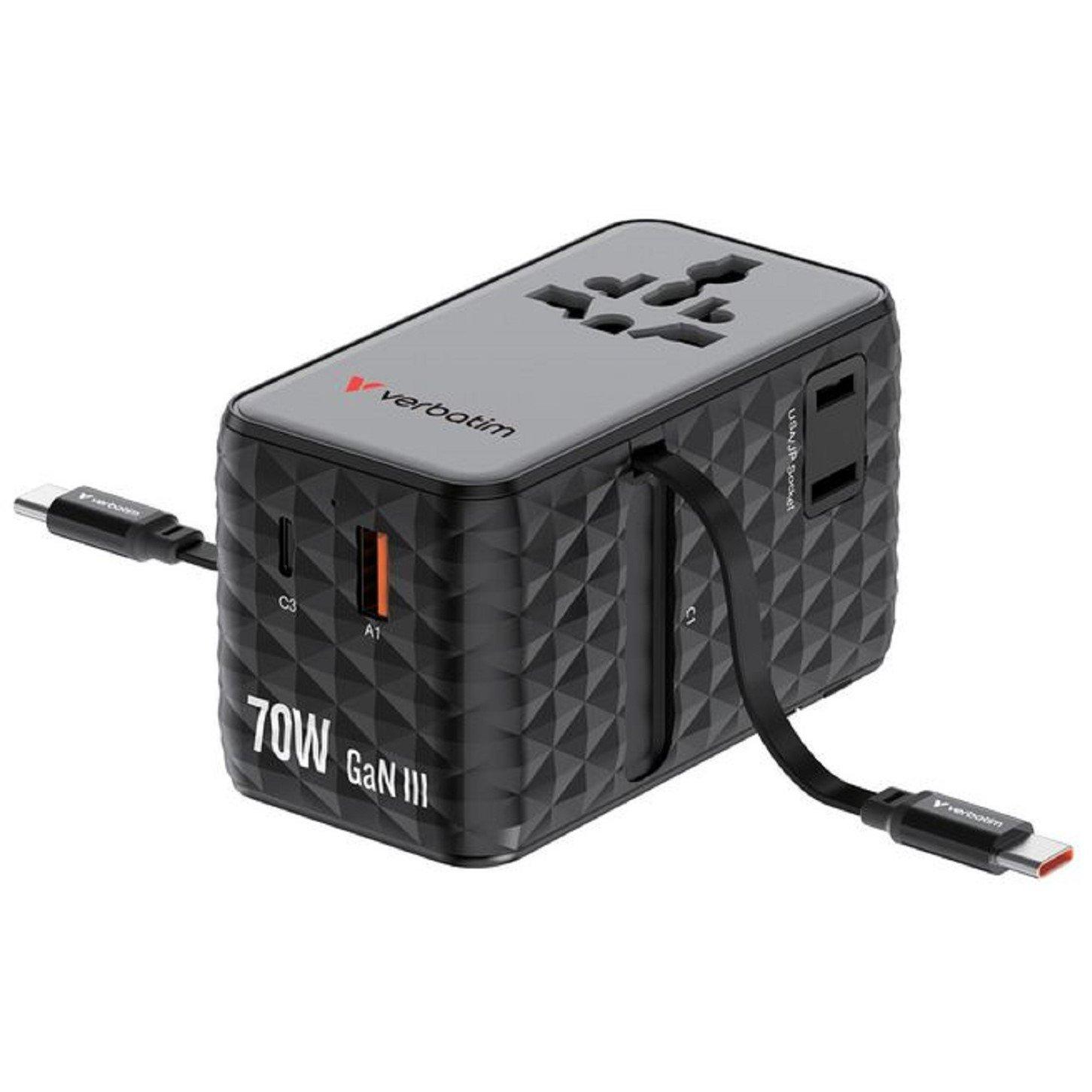 Black - Verbatim - Charge n Travel 70W 2C Universal Travel Adaptor - Black - 2