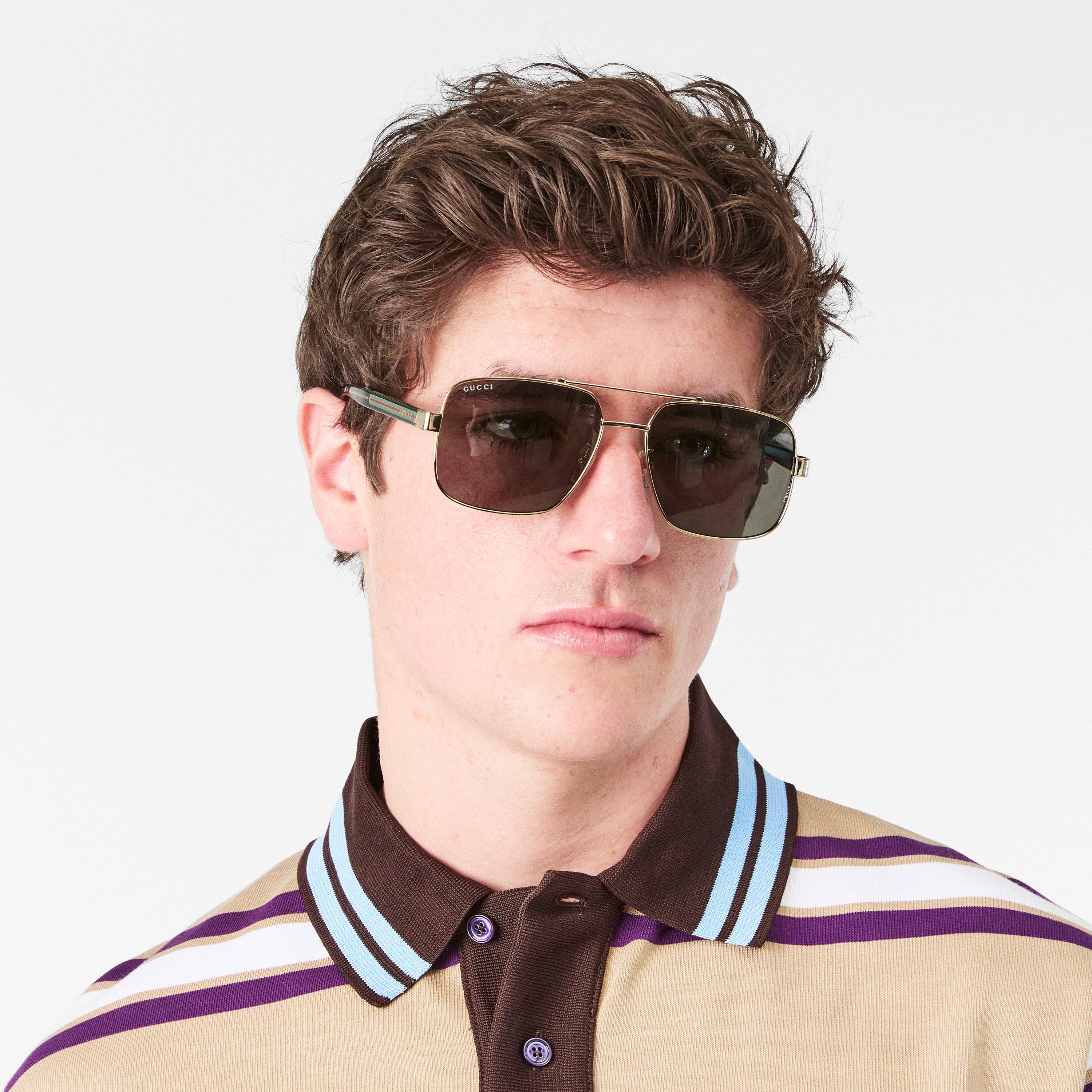 Gold - Gucci - Men's Web Aviator Sunglasses - 3