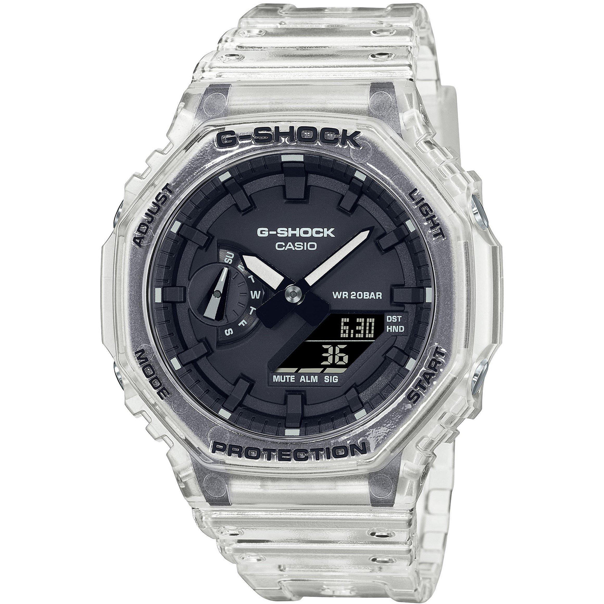 G Shock  Ga-2100 Translucent Skeleton Octagonal Water Resistant Digital Watch - Clear/ Black - 48.5 × 45.4 × 11.8 mm