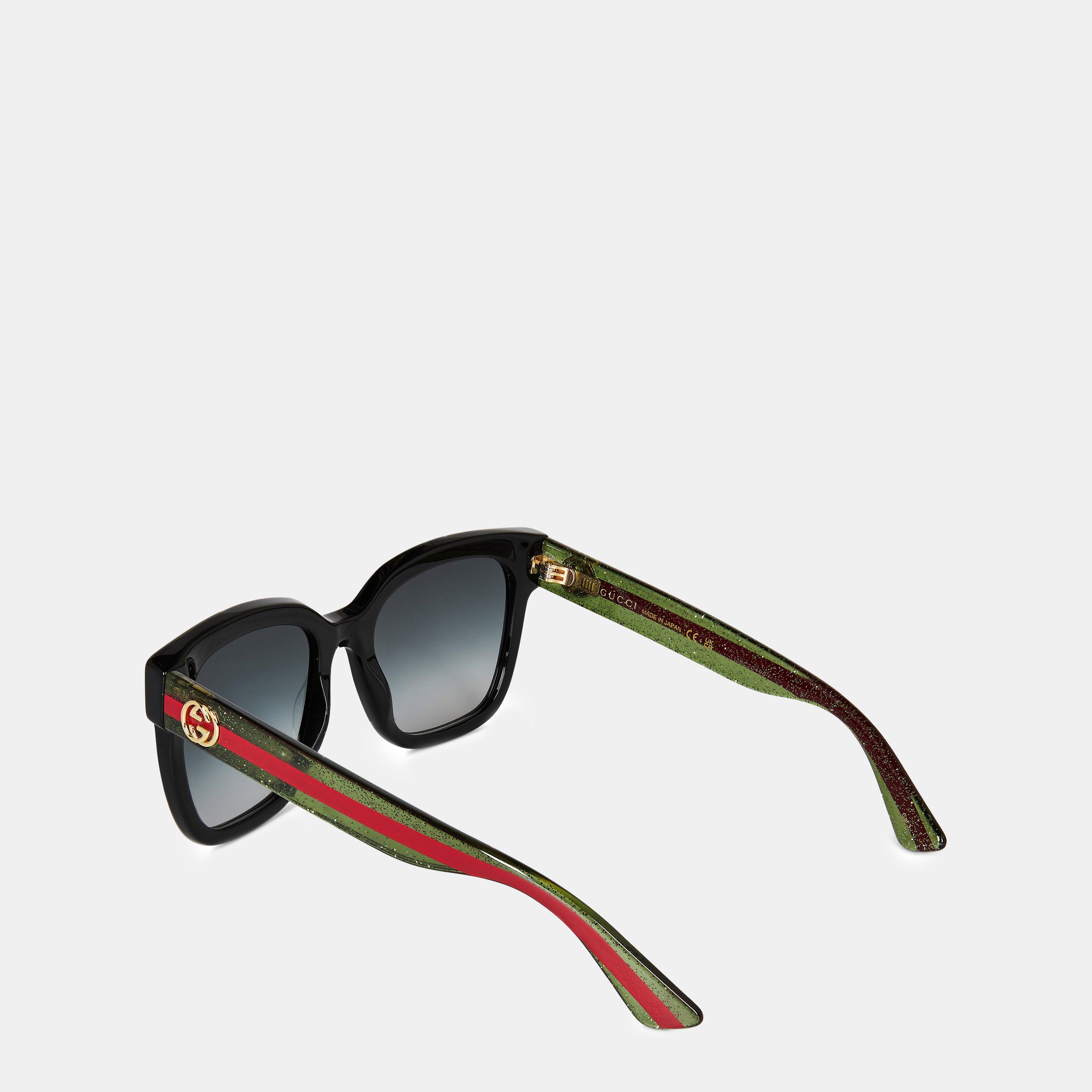 Authentic Gucci GG0034SN Oversized Square Sunglasses – Black/Green Web Glitter GUCCI GG0034SN 002 Black/Green/Grey Gradient 54-20-140  main image 3