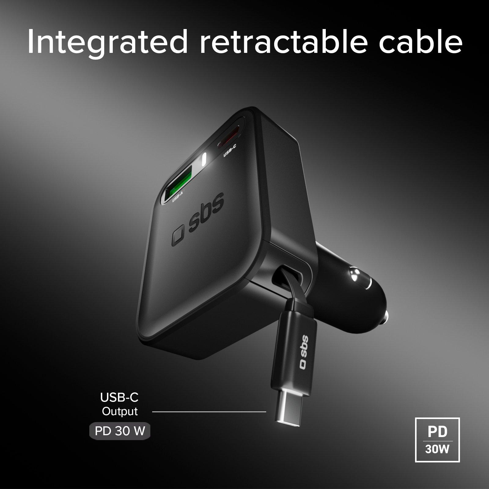 Black - SBS - 3-in-1 Car charger with integrated retractable cable - 2