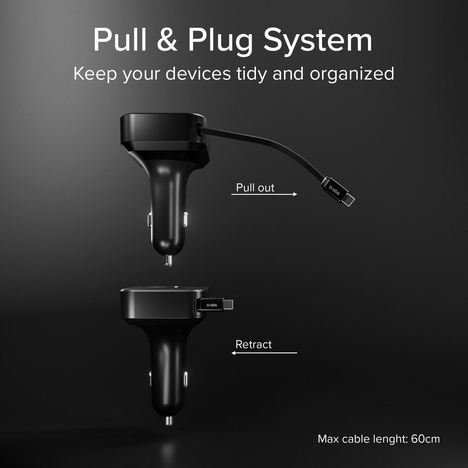 Black - SBS - 3-in-1 Car charger with integrated retractable cable - 5
