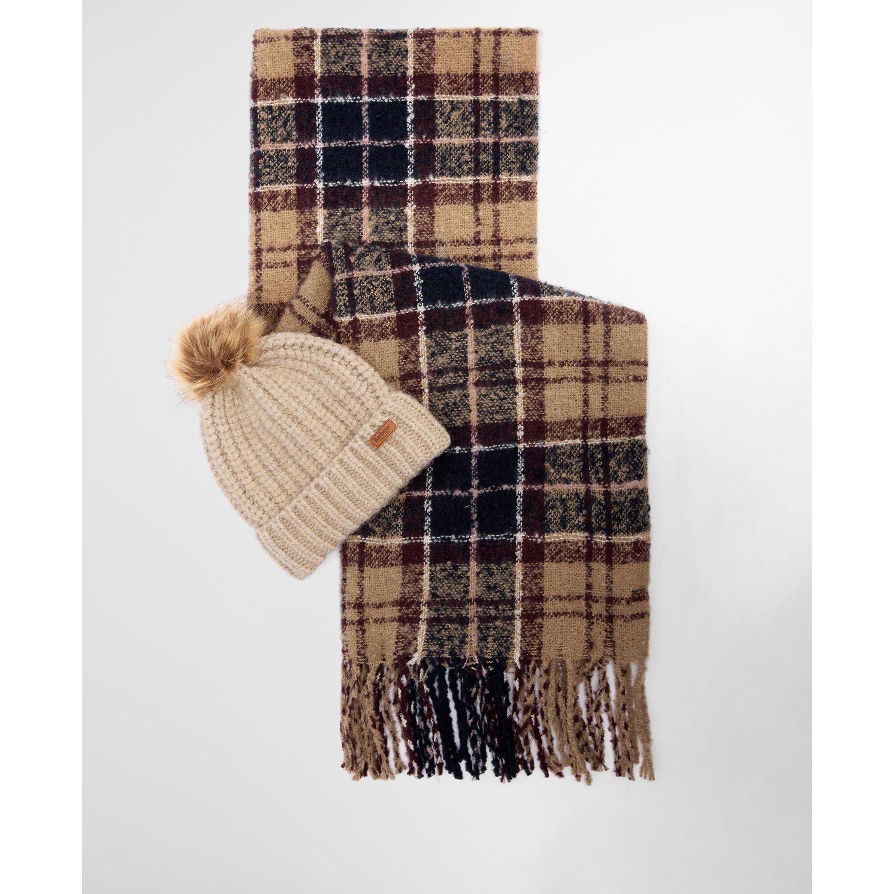 Barbour Saltburn Beanie & Tartan Scarf Gift Set - Gardenia Tartan