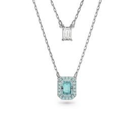 Swarovski Una layered necklace, Octagon cut, Blue, Rhodium plated