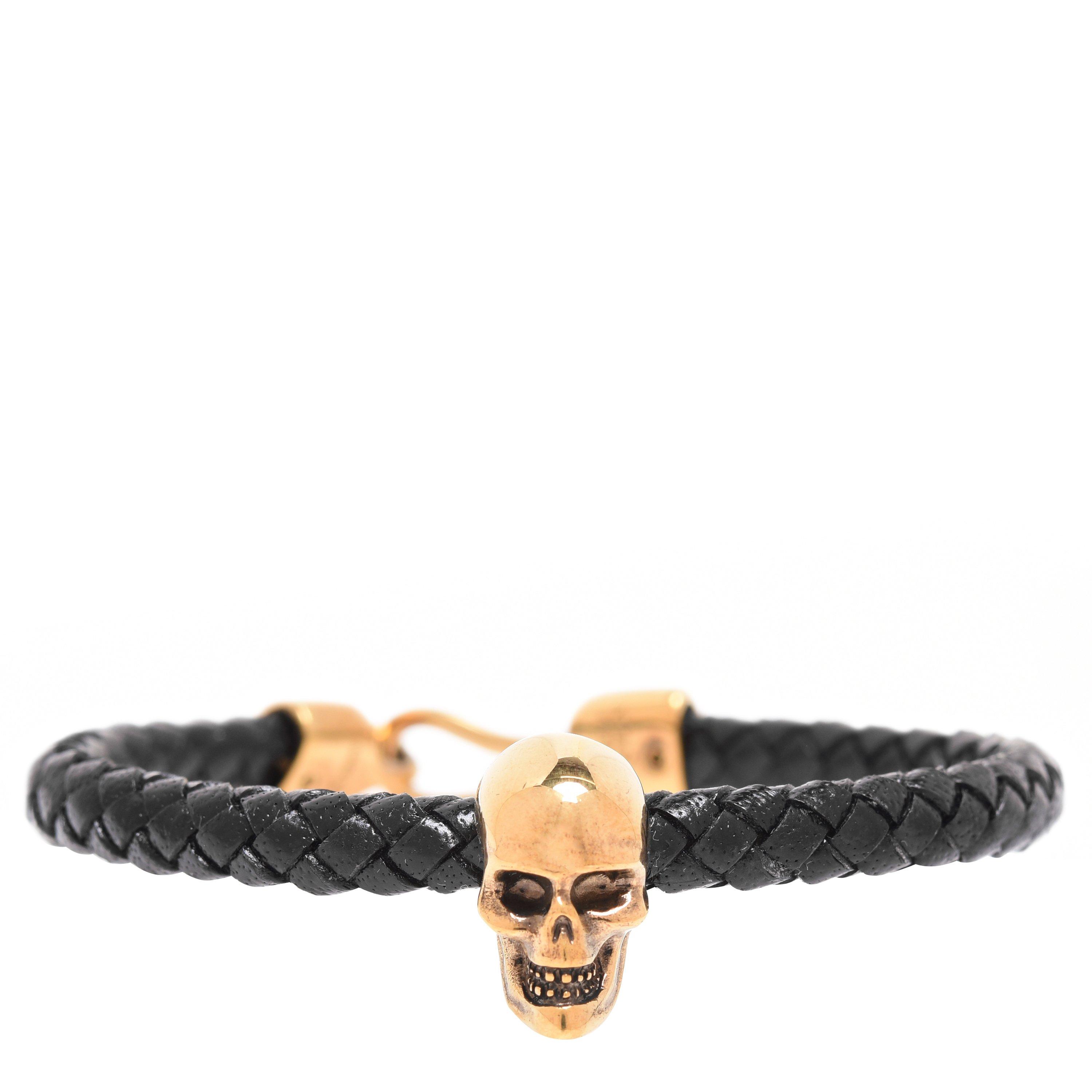 Alexander Mcqueen Men's Skull Leather Bracelet - Black/Gold 1000