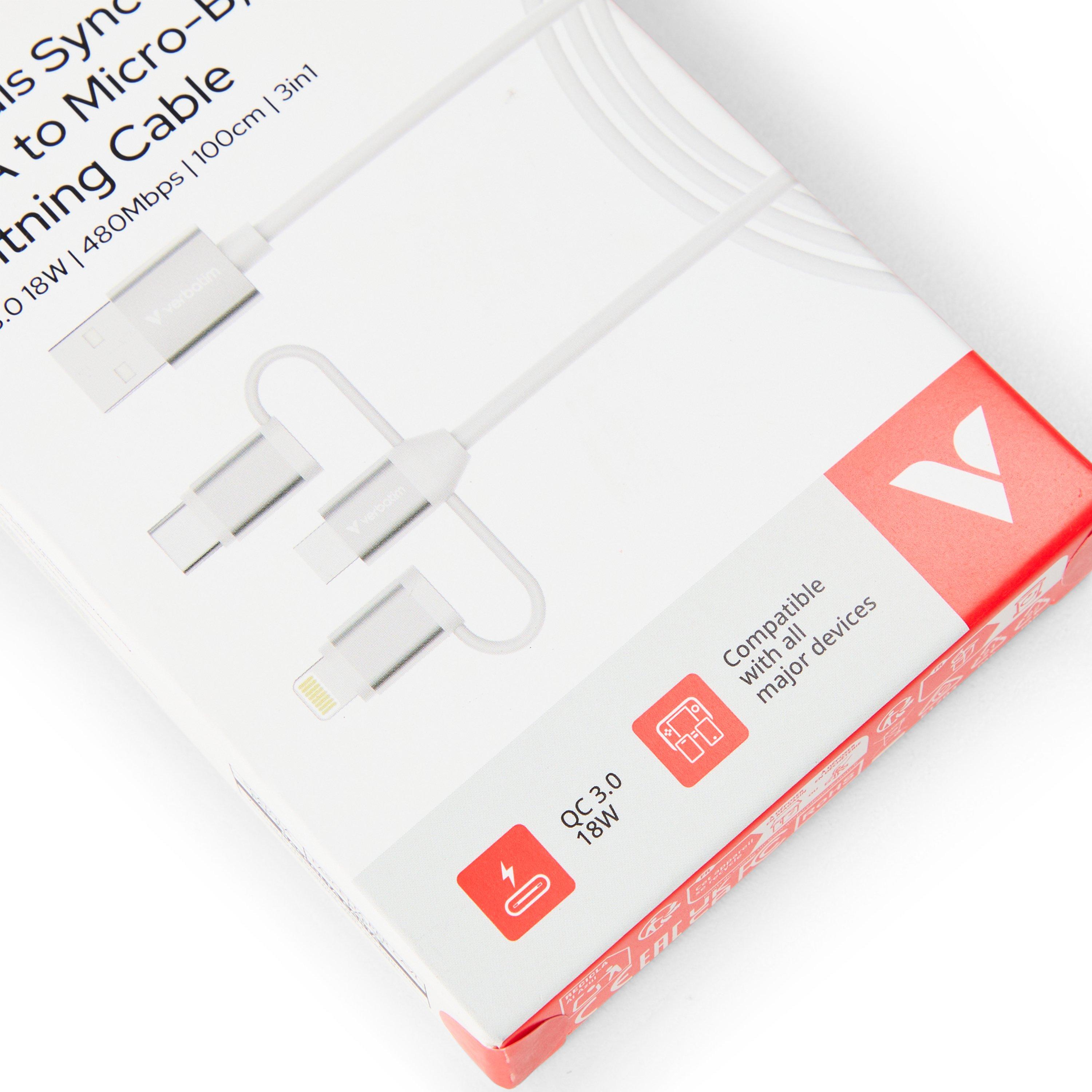 White - Verbatim - Essentials 3-in-1 Sync & Charge Cable 1M - 3