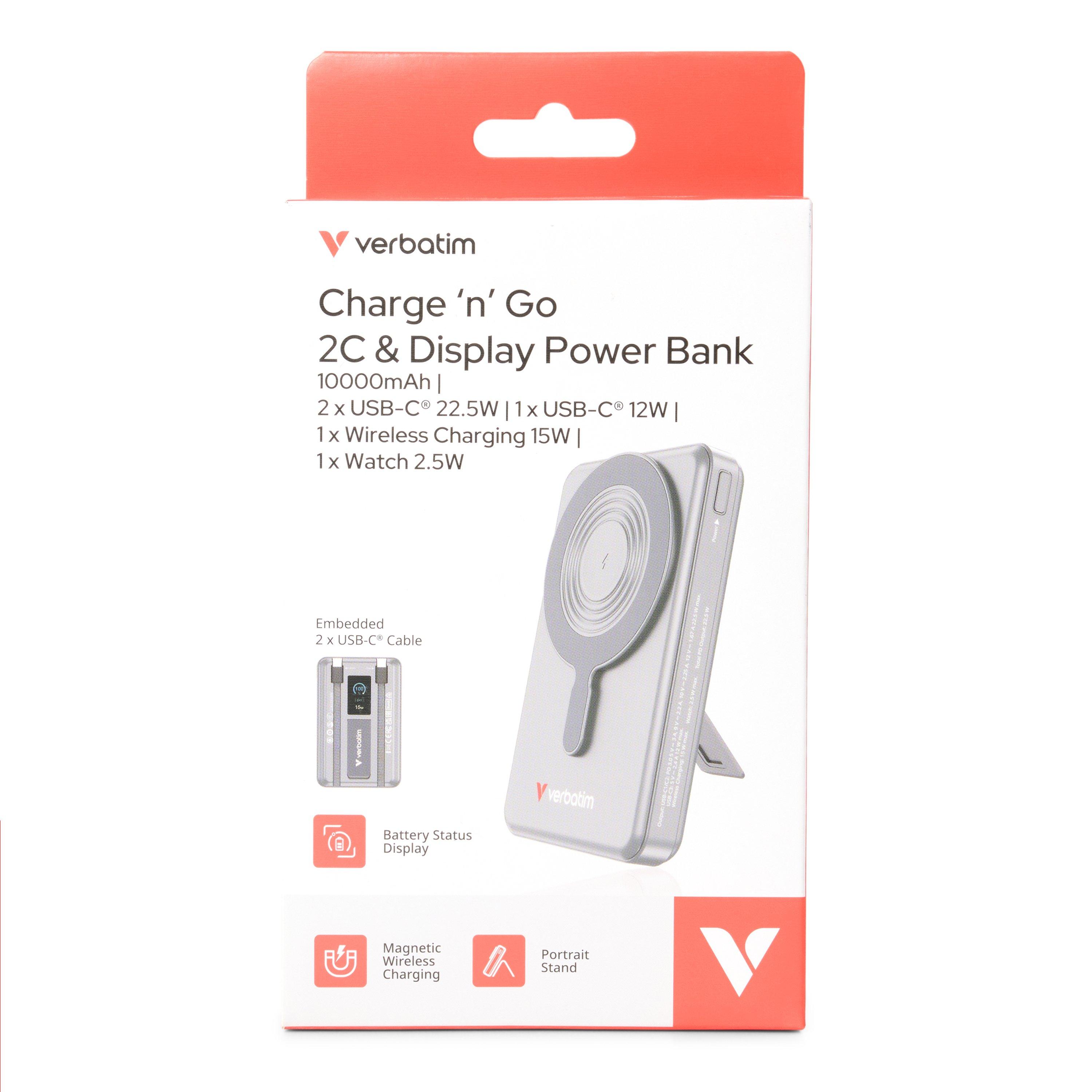 Sivo - Verbatim - Charge n Go Two Cable Power Bank with Display Magnetic Wireless Charging 10000mAh - Grey - 3