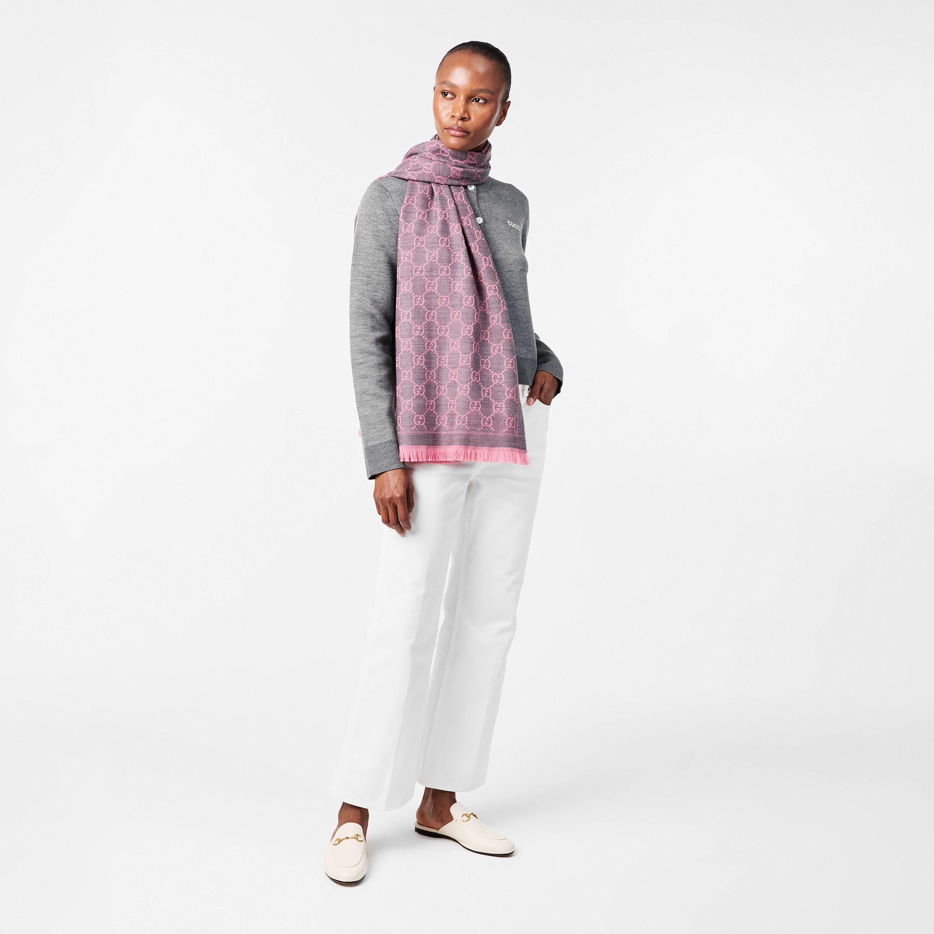 Grpht/Pink - Gucci - Women's GG Logo Wool Scarf - 5