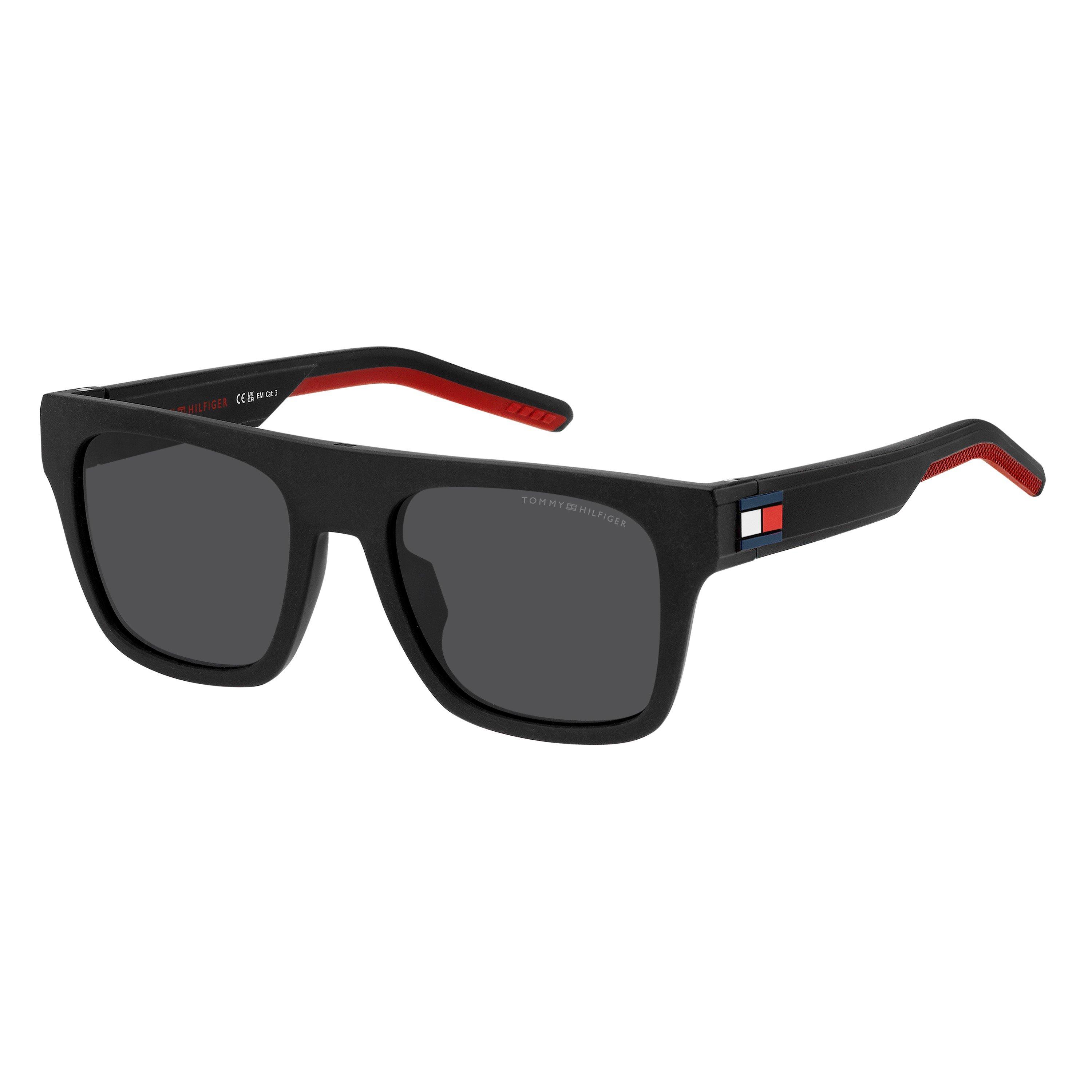 Tommy Hilfiger Men's Matte Black Red Rec Flat Top Round Sunglasses - 52 cm