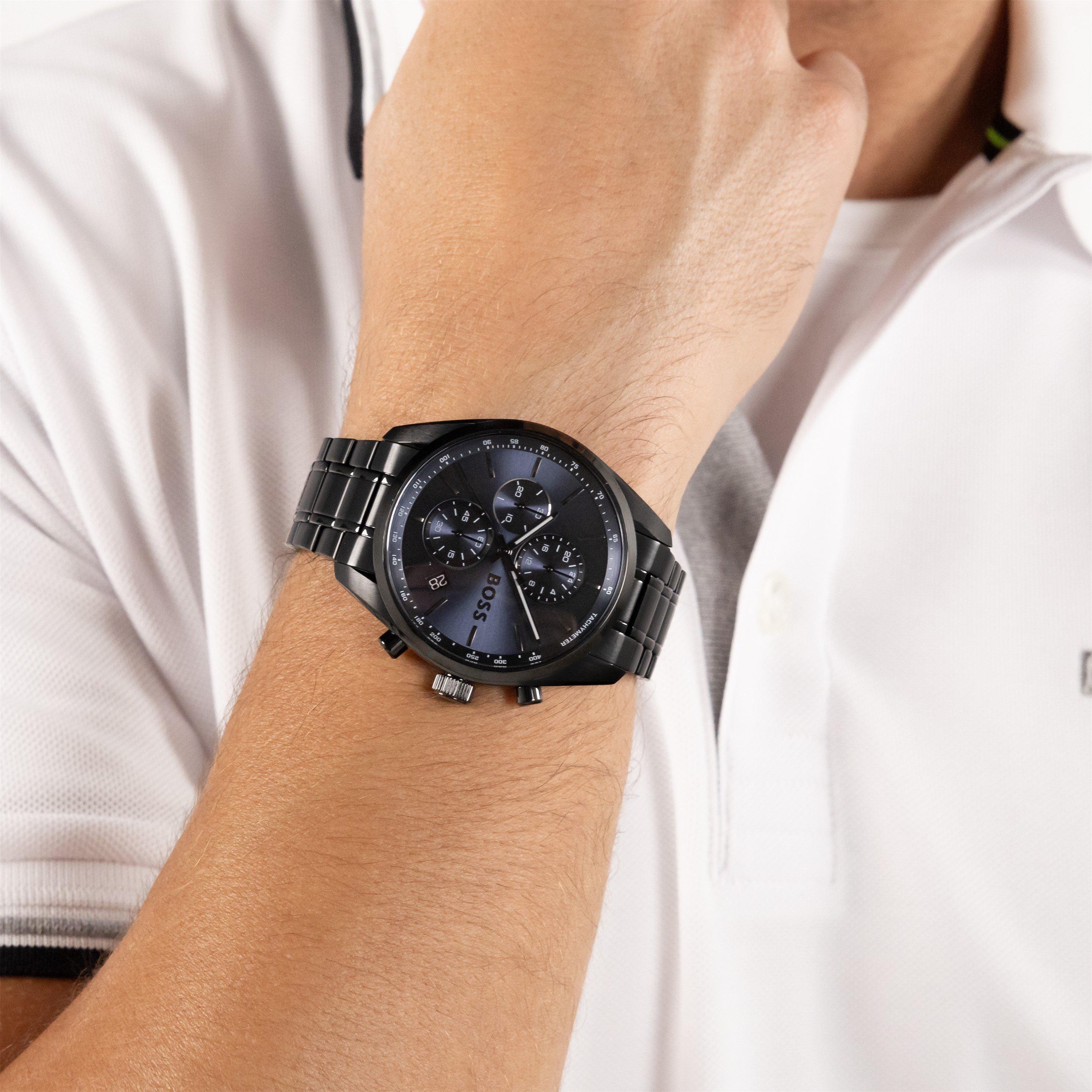 Blue/Black - Boss - Gents BOSS Grand Prix 44 Chrono Black IP Watch - 4