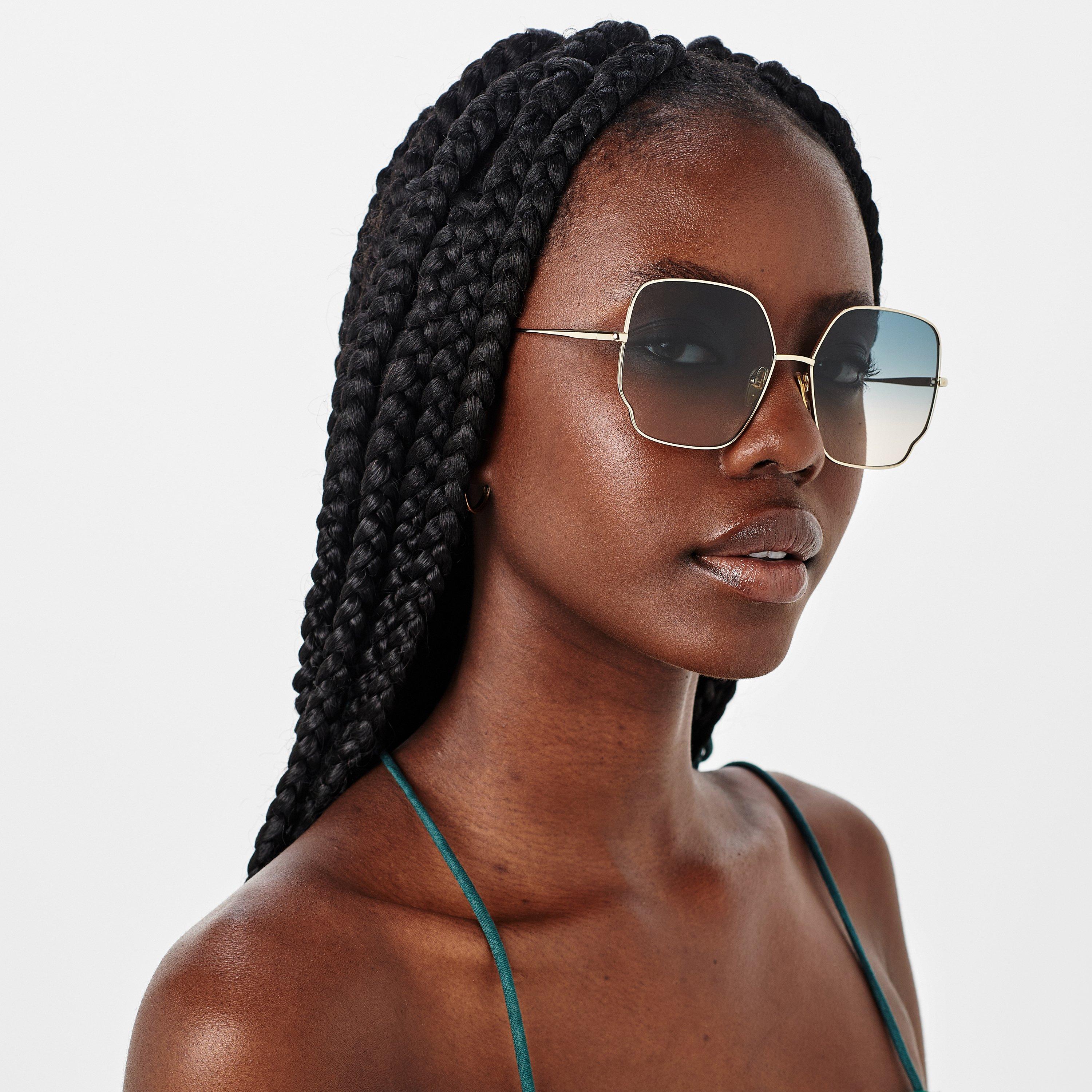 Gold/Green - Chloe - Women's Hexagonal Green Lens Full Rim Retro Sunglasses - 2