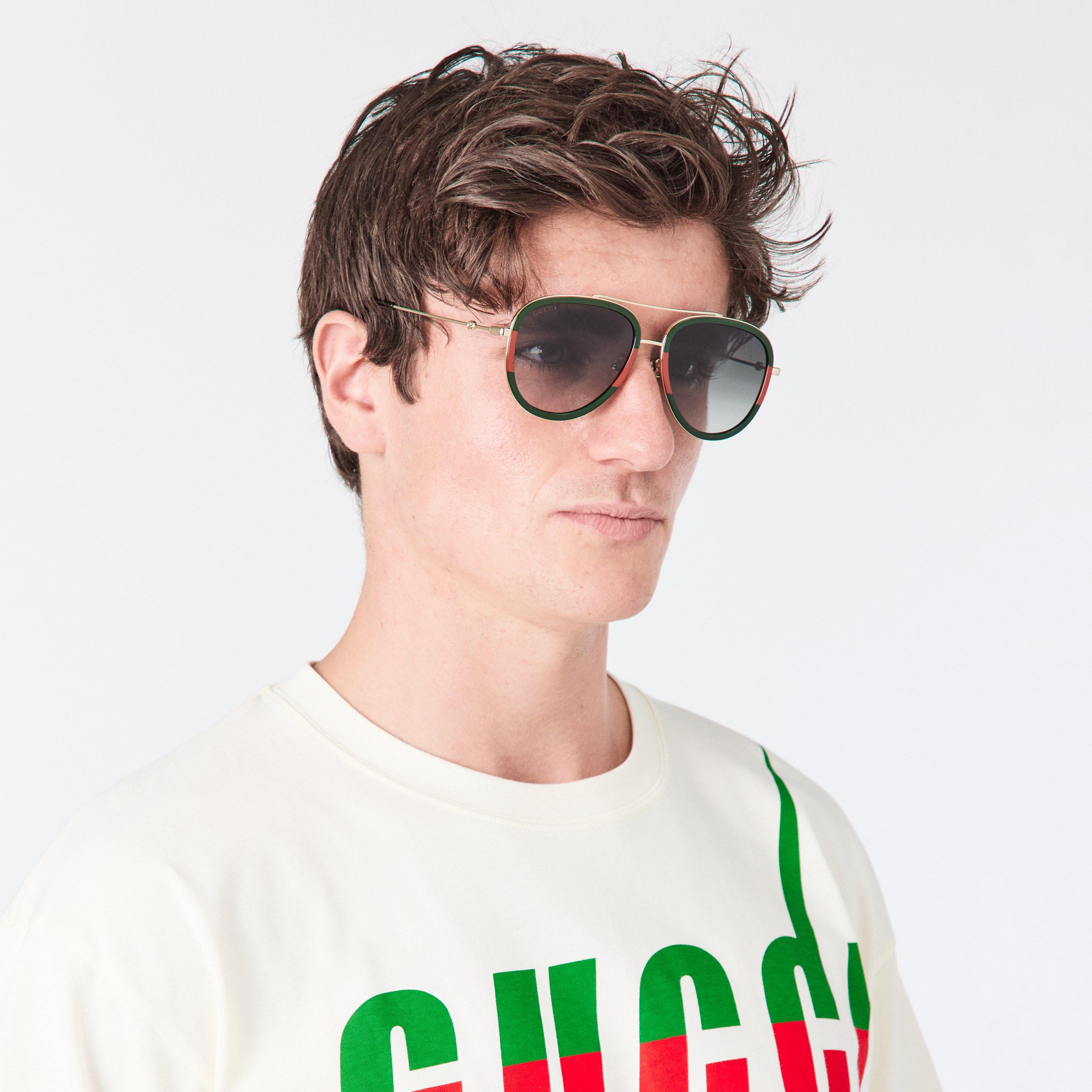 Gold - Gucci - Men's Striped Aviator Metal Sunglasses - 3