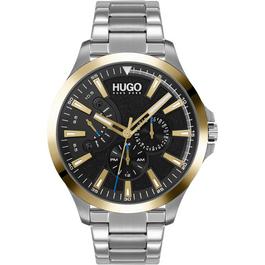 Hugo Gents LEap Stainless Steel Gold Bezel Watch