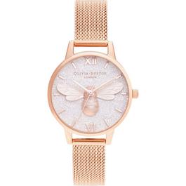 Olivia Burton Glitter Dial 30mm White And Rose Gold Mesh Watch