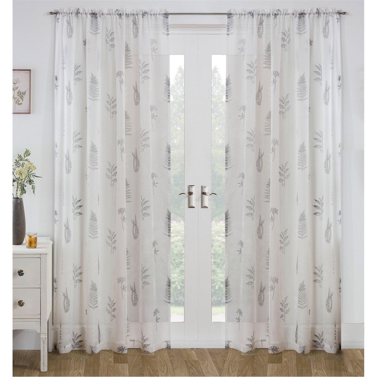 Grey - Tyrone Textiles - Bracken All Over Leaf Voile Panel - Pair - 1