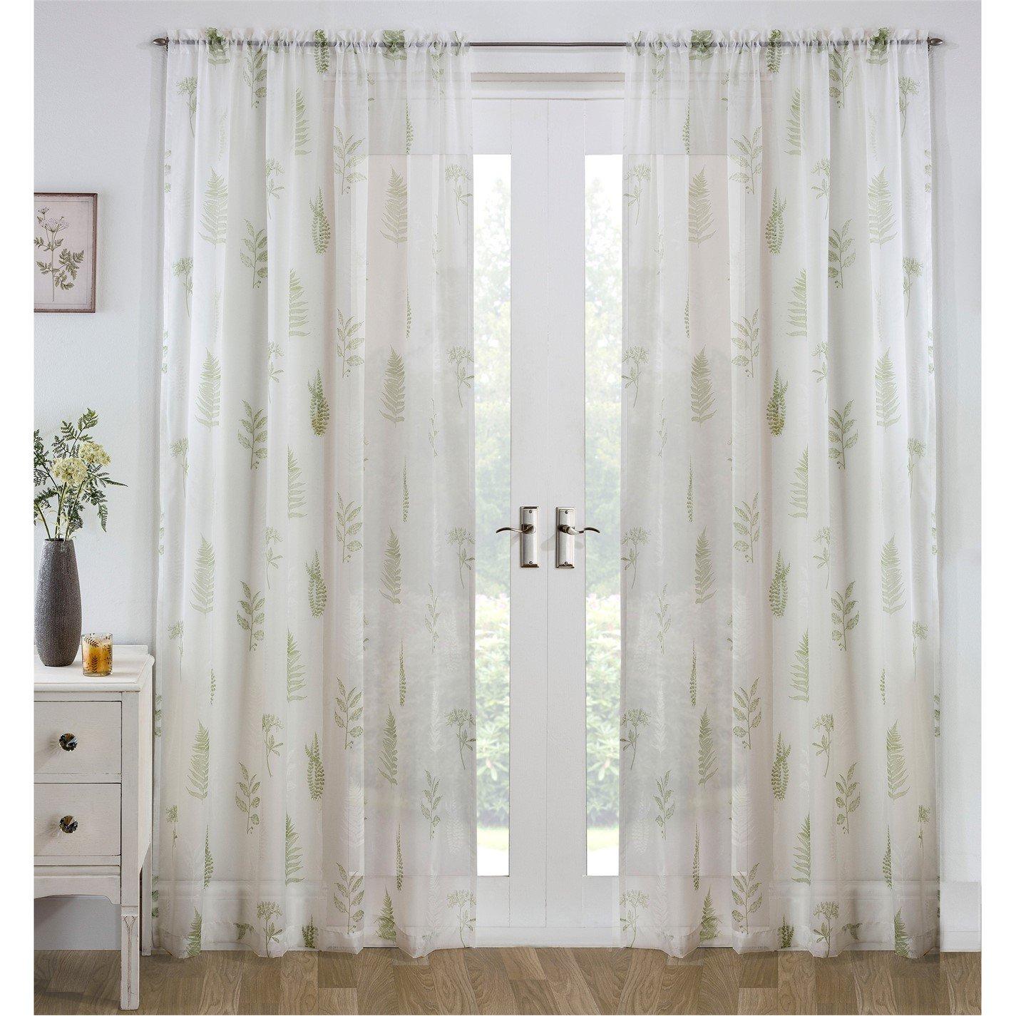 Tyrone Textiles  Bracken All Over Leaf Voile Panel - Pair - Green - 145x137cm