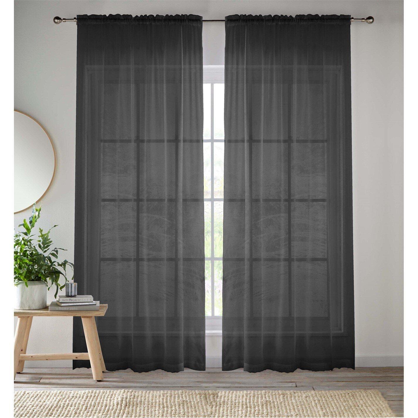 Tyrone Textiles  2 Plain Sheer Voile Panels With Rod Pocket (Pair) - Black - 137x122cm