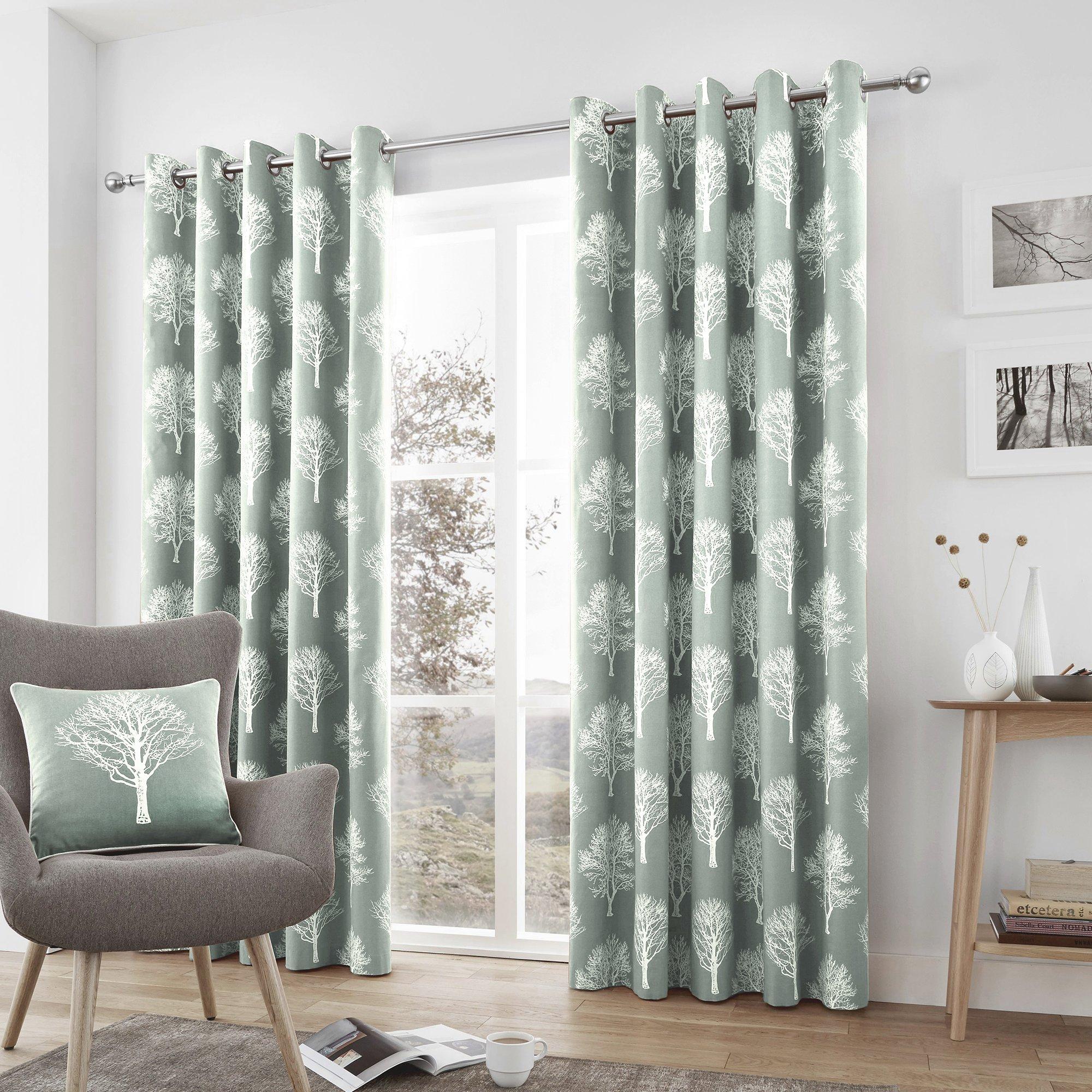 Duck Egg - Fusion - Woodland Trees 100% Cotton Pair of Eyelet Curtains - 1