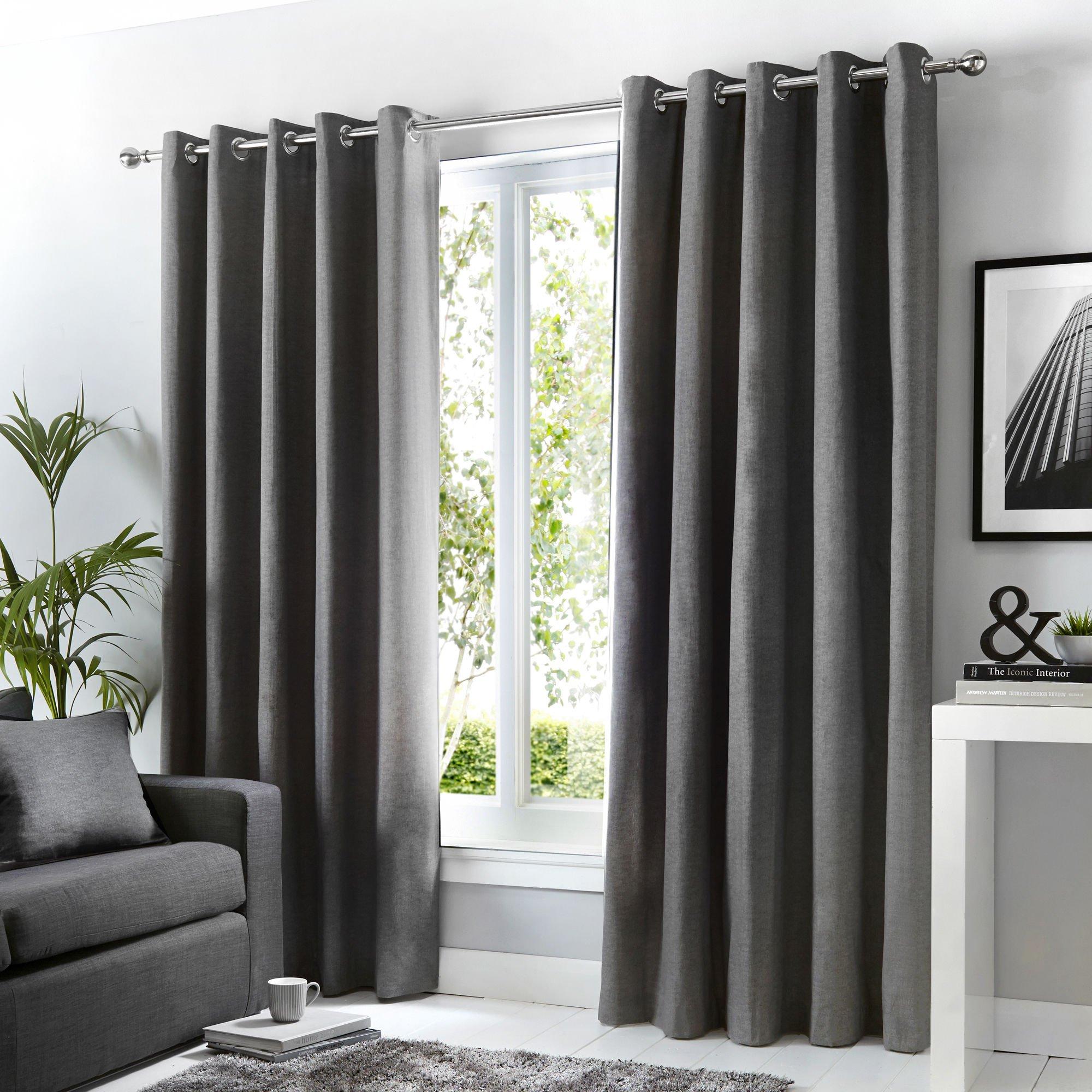 Fusion  Sorbonne 100% Cotton Pair Of Eyelet Curtains - Charcoal - 229x229cm