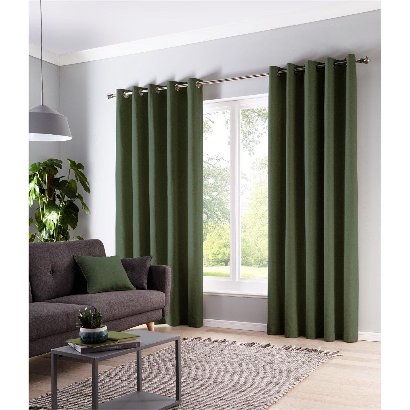 Fusion  Sorbonne 100% Cotton Pair Of Eyelet Curtains - Bottle Green - 117x229cm
