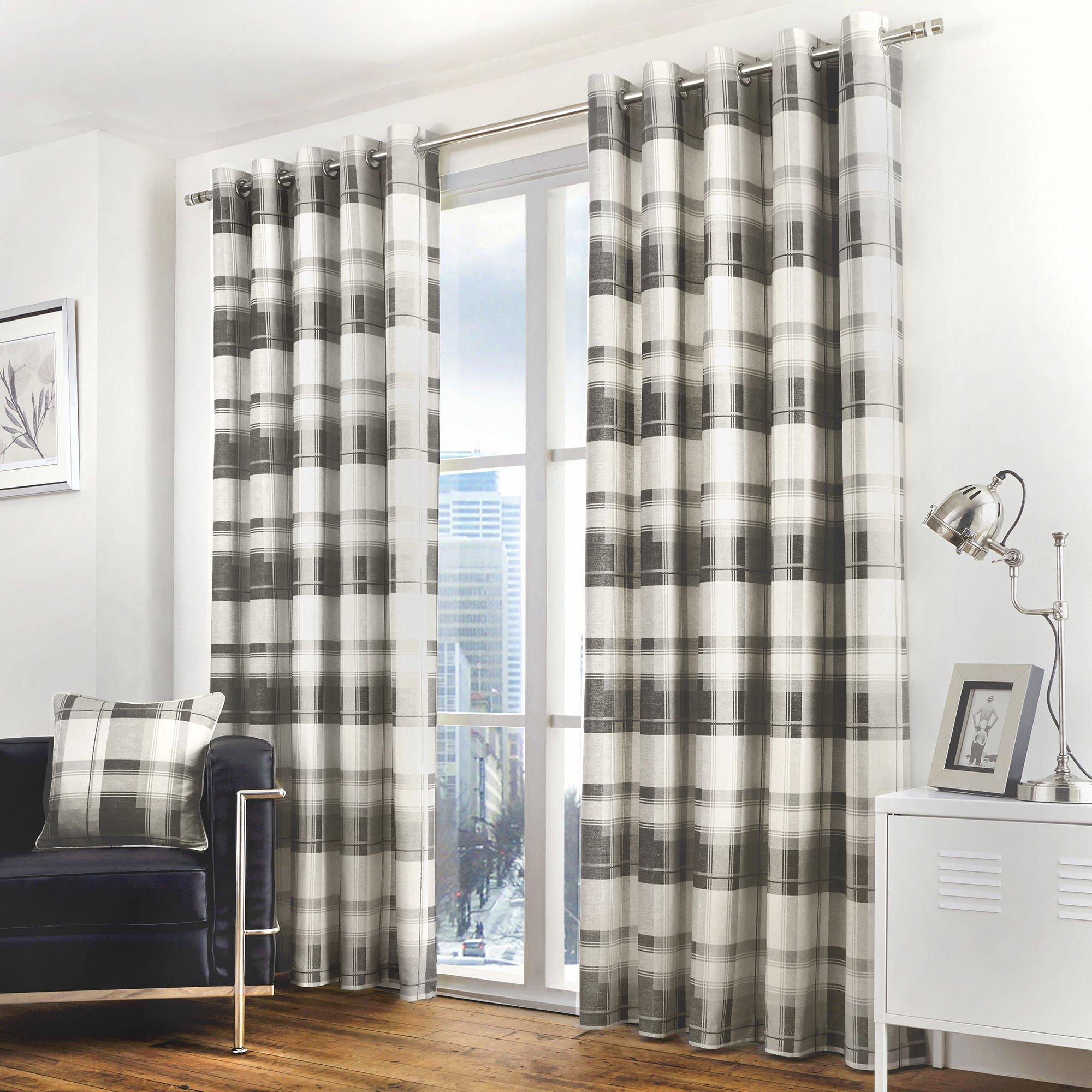 Fusion  Balmoral Check 100% Cotton Pair Of Eyelet Curtains - Slate - 168x183cm