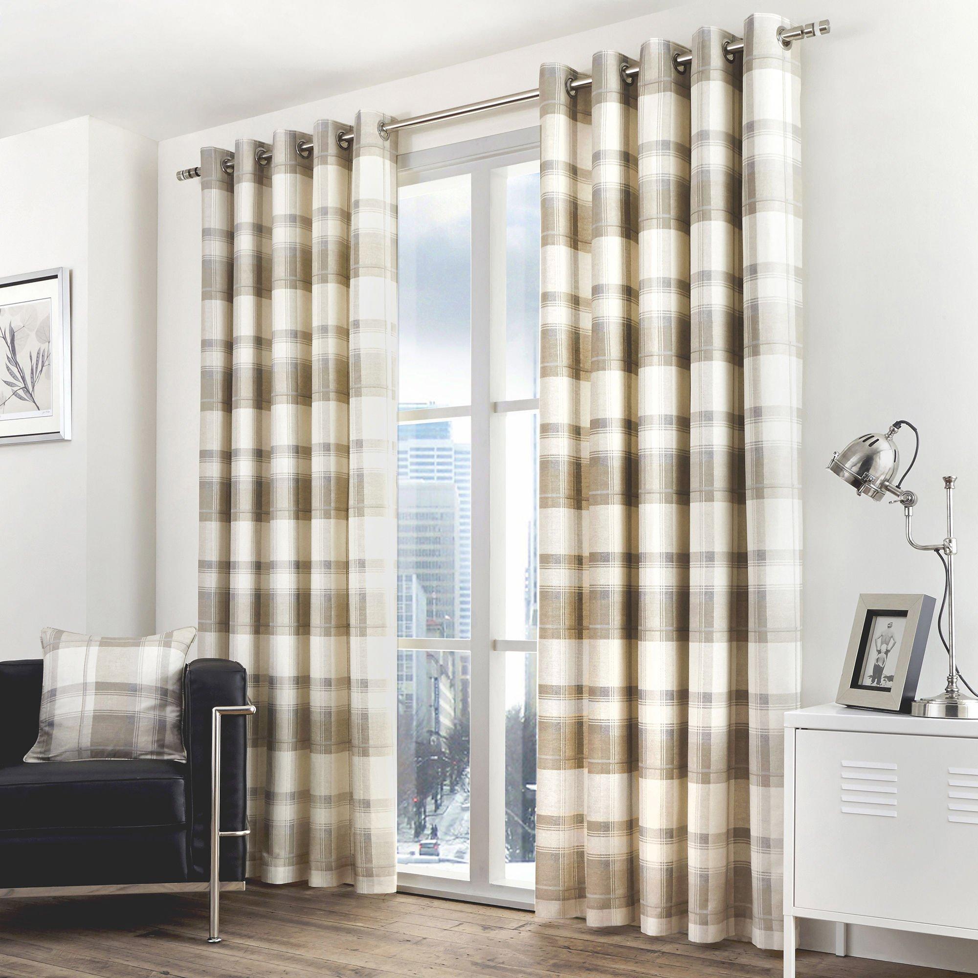 Fusion  Balmoral Check 100% Cotton Pair Of Eyelet Curtains - Natural - 168x183cm
