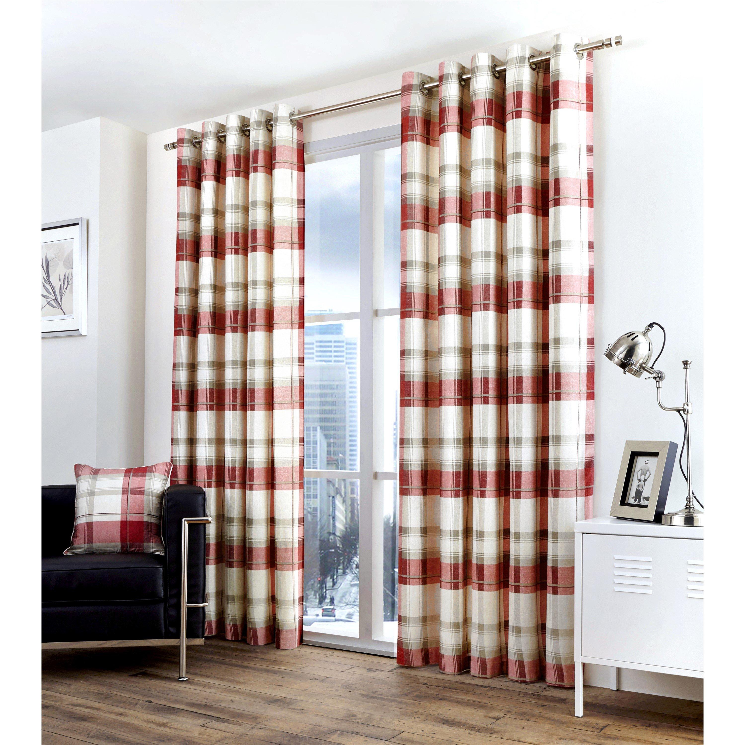 Fusion  Balmoral Check 100% Cotton Pair Of Eyelet Curtains - Ruby - 117x137cm