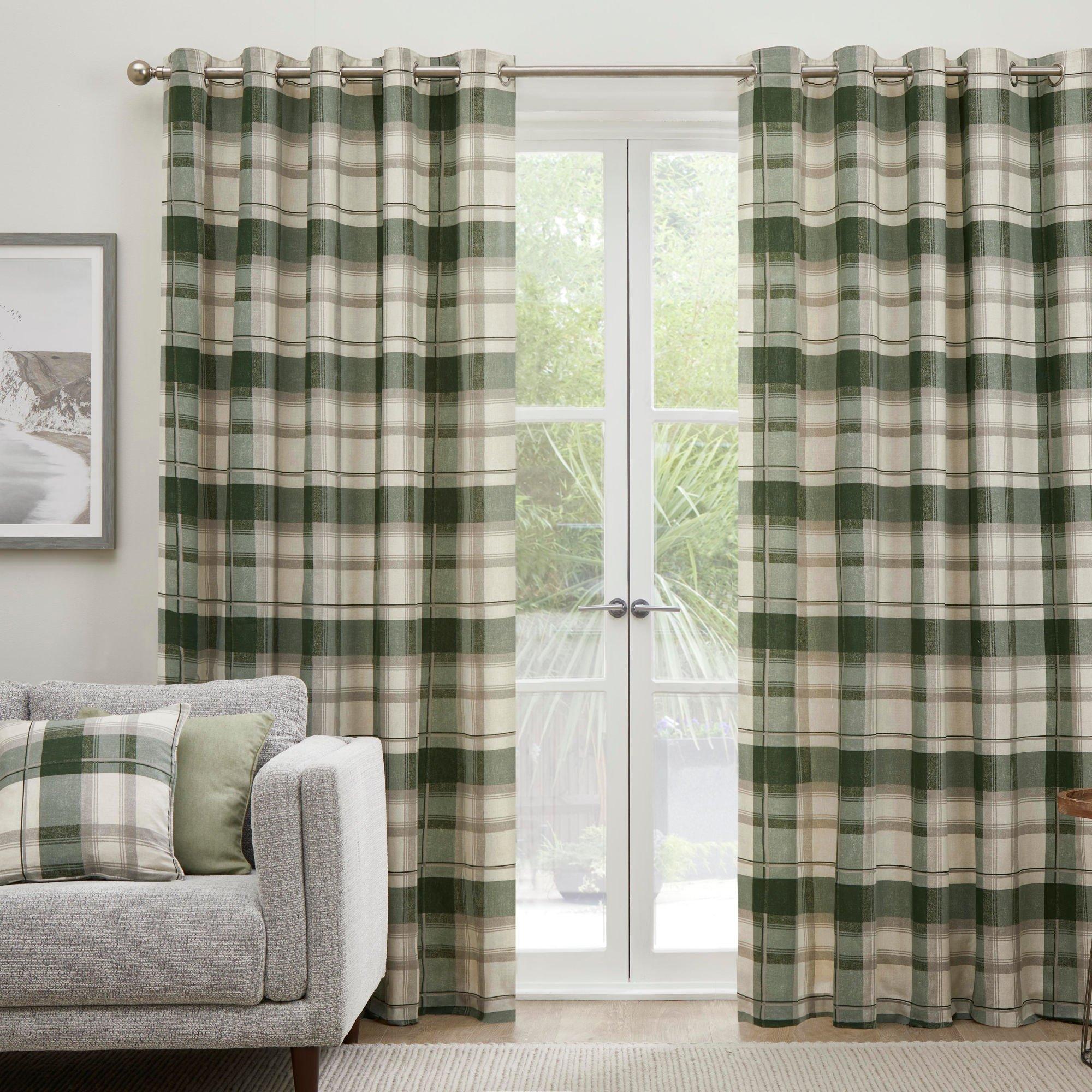 Fusion  Balmoral Check 100% Cotton Pair Of Eyelet Curtains - Bottle Green - 117x183cm