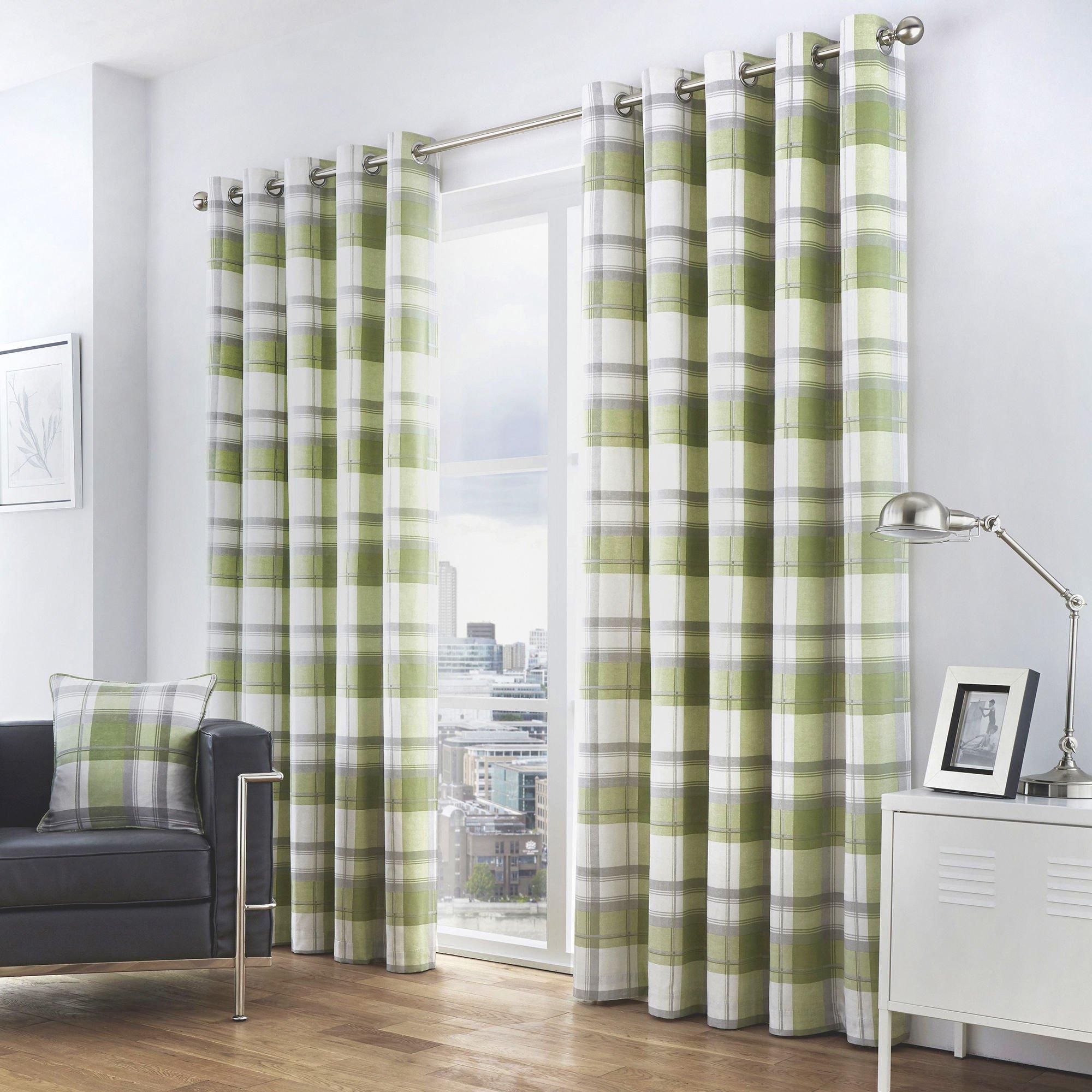 Fusion  Balmoral Check 100% Cotton Pair Of Eyelet Curtains - Green - 168x183cm
