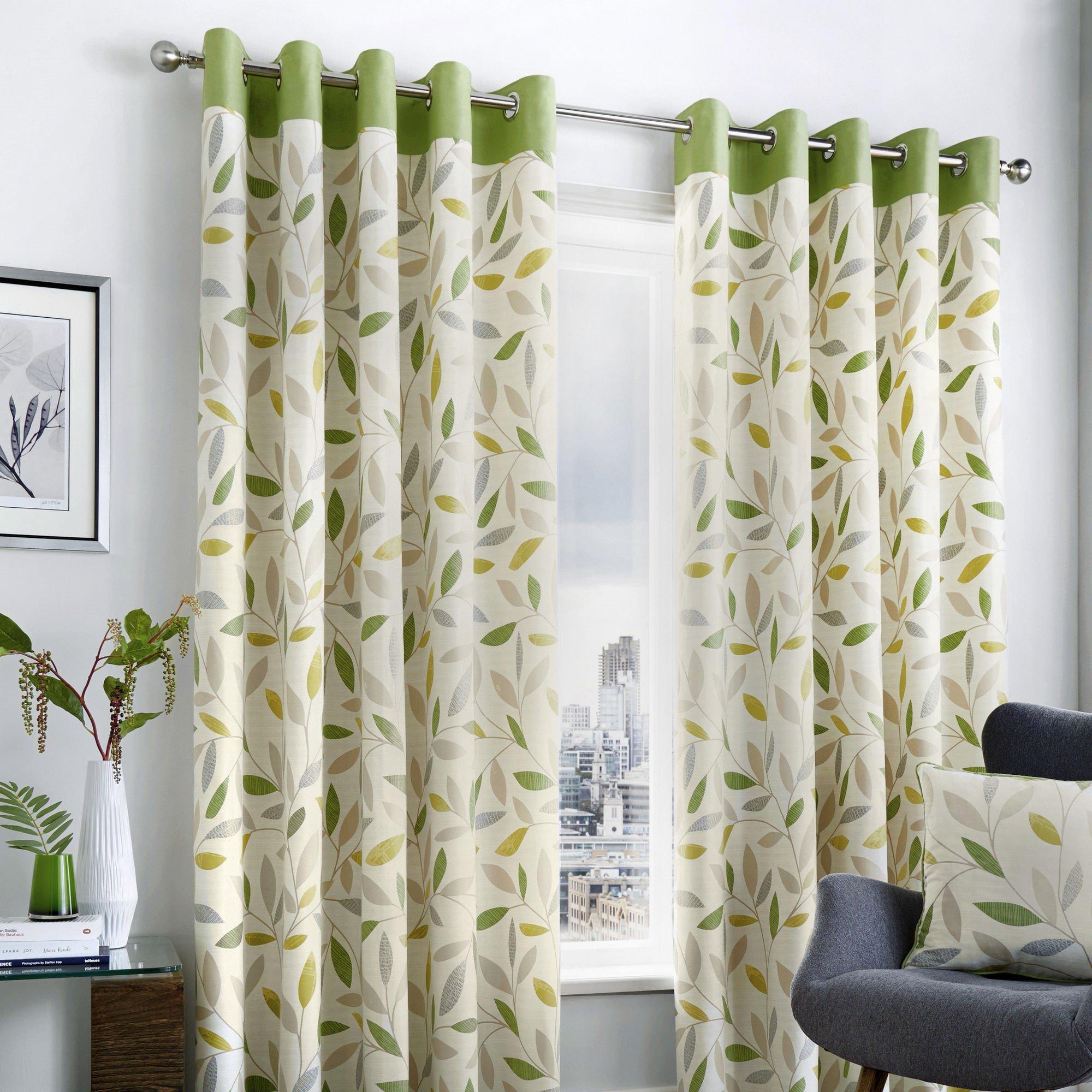 Fusion  Beechwood 100% Cotton Pair Of Eyelet Curtains - Green - 168x229cm