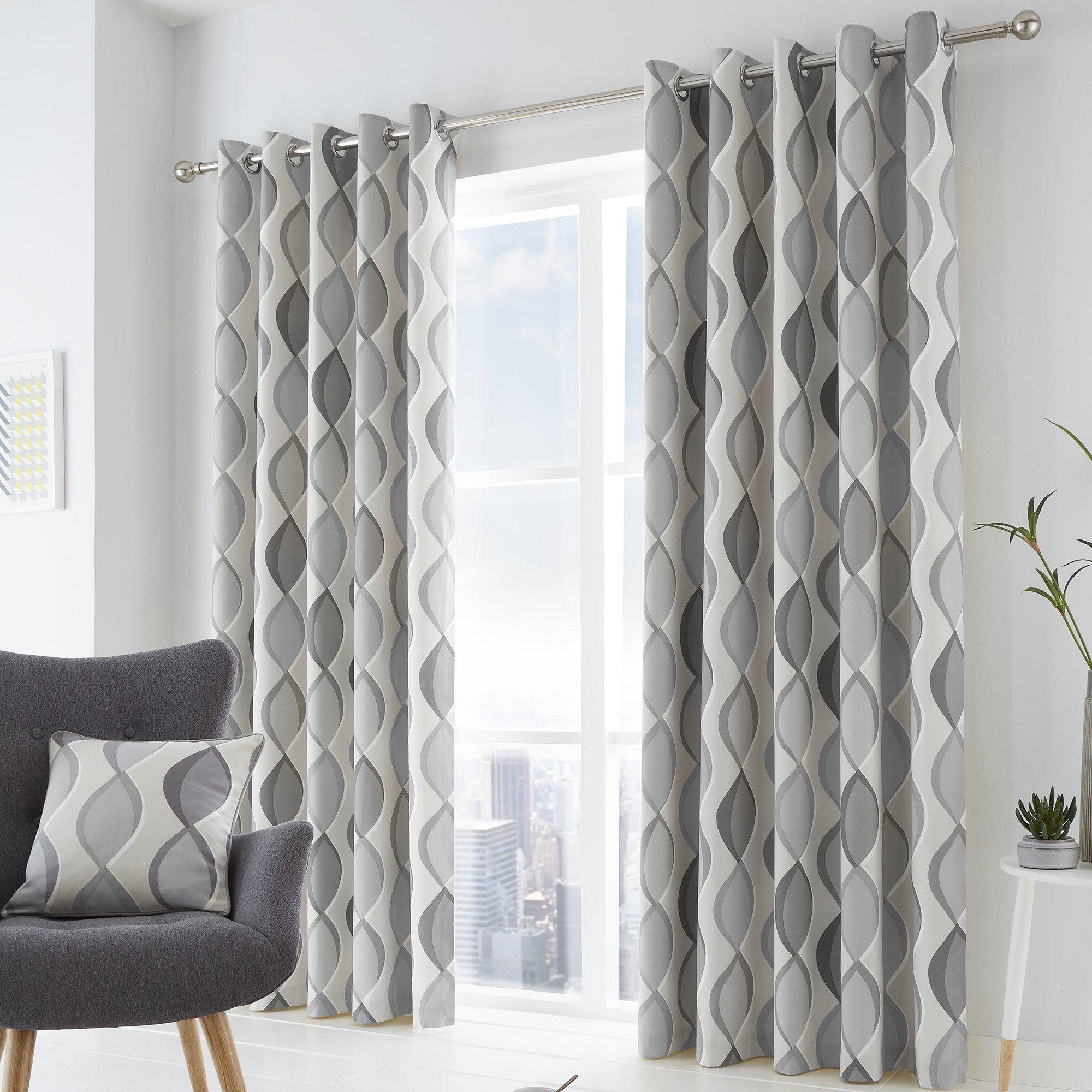 Grey - Fusion - Lennox 100% Cotton Pair of Eyelet Curtains - 1