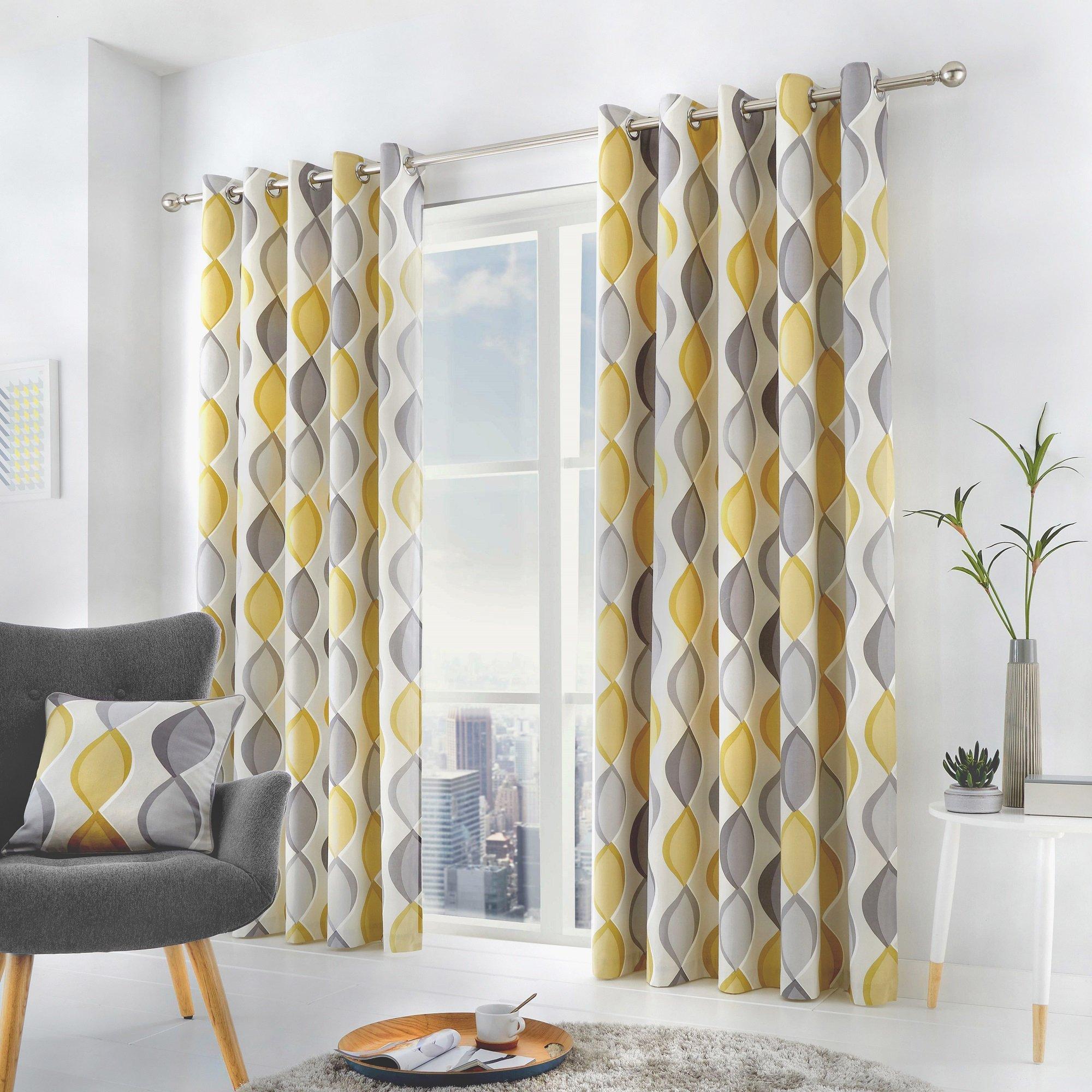 Fusion  Lennox 100% Cotton Pair Of Eyelet Curtains - Grey & Ochre - 168x183cm