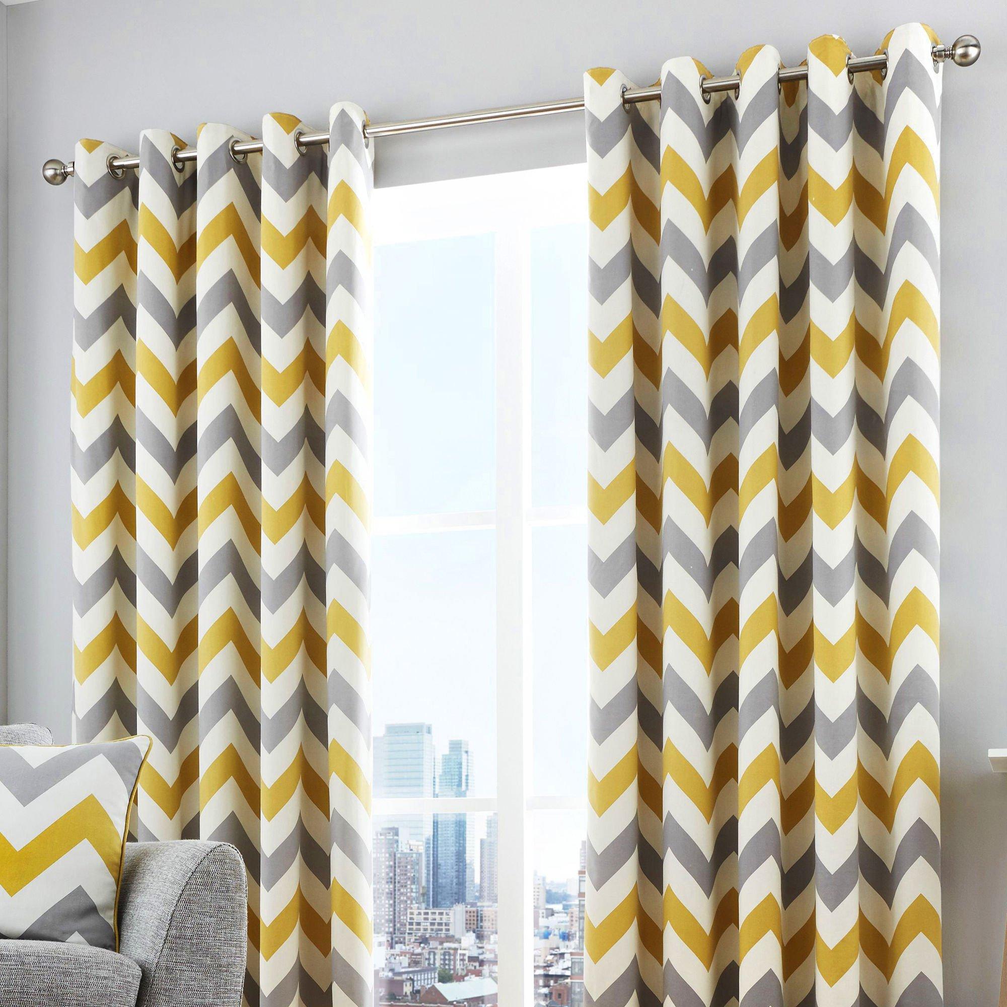 Ochre - Fusion - Chevron 100% Cotton Pair of Eyelet Curtains - 1