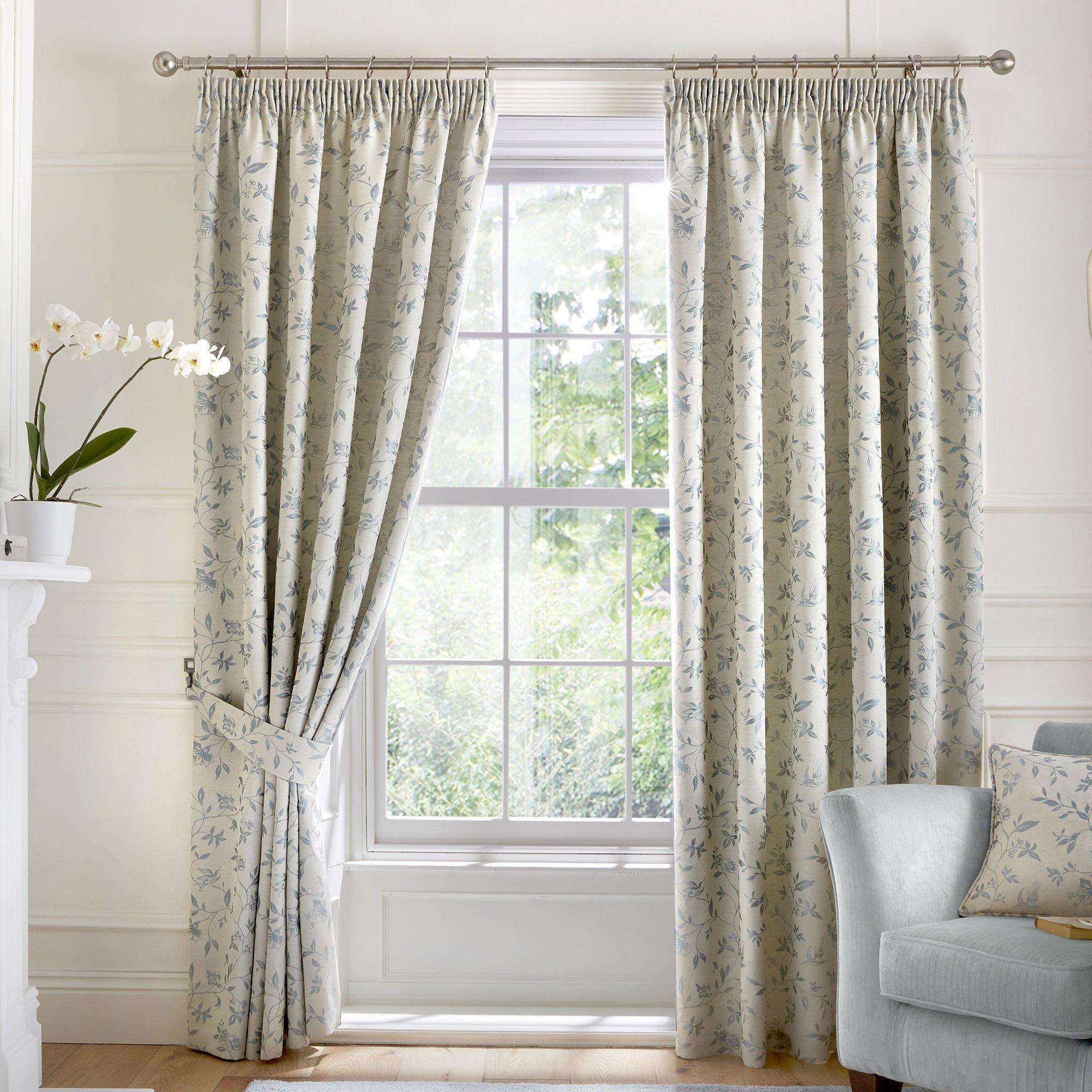 Duck Egg - Curtina - Bird Trail Jacquard Pair of Pencil Pleat Curtains - 1