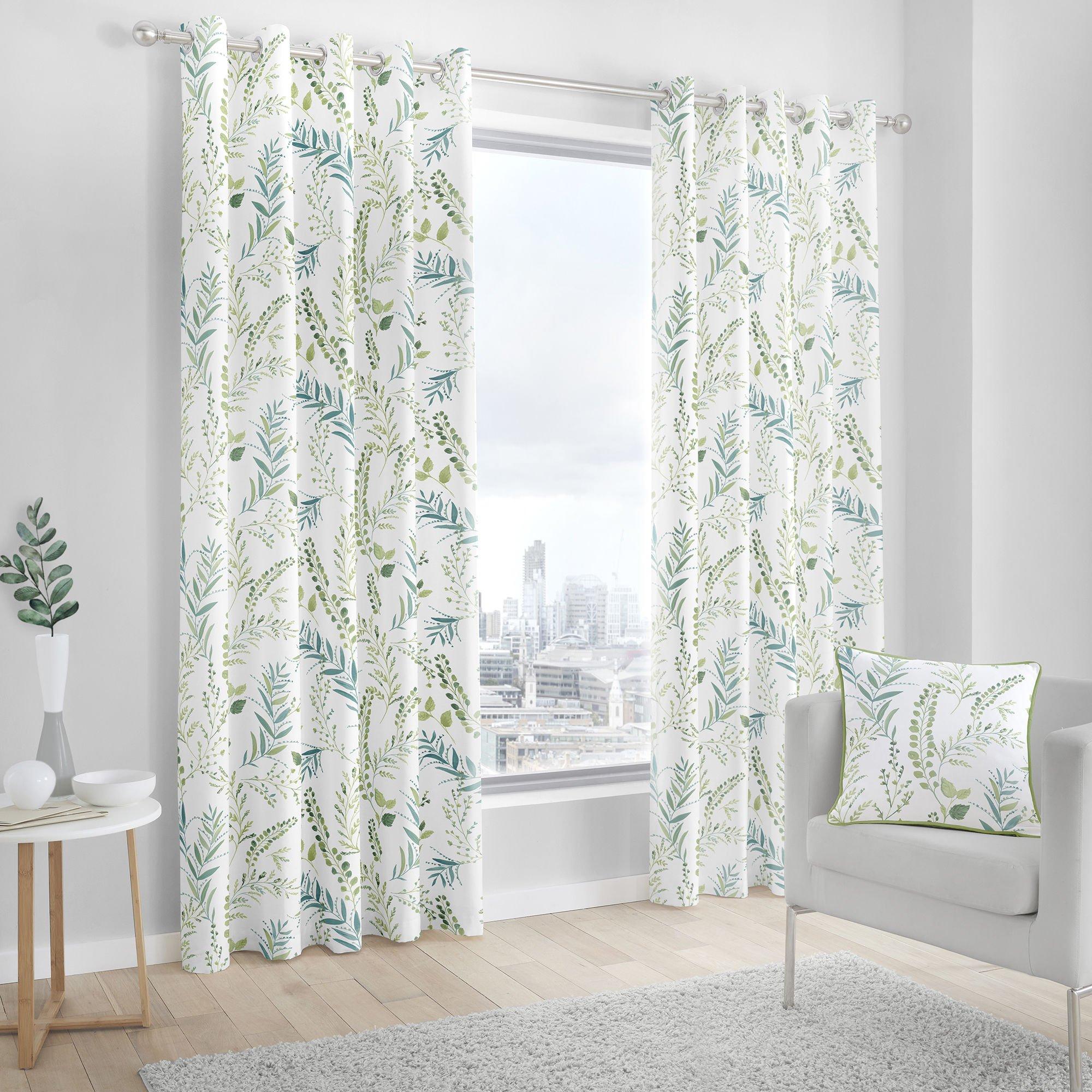 Green - Fusion - Fernworthy 100% Cotton Pair of Eyelet Curtains - 1