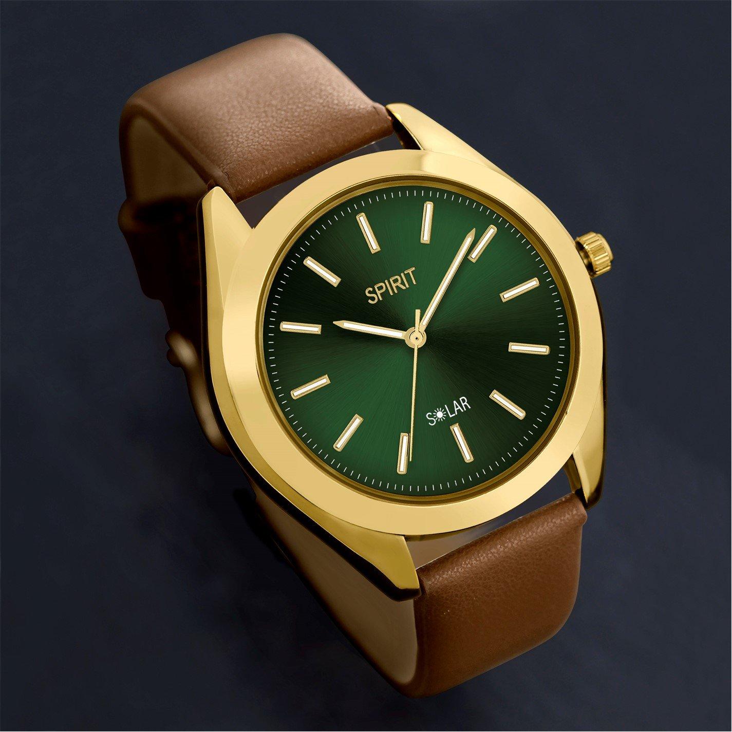Brn/Gld/Gr - Spirit - Spirit Gent's Solar Brown Strap Green Dial Watch - 2