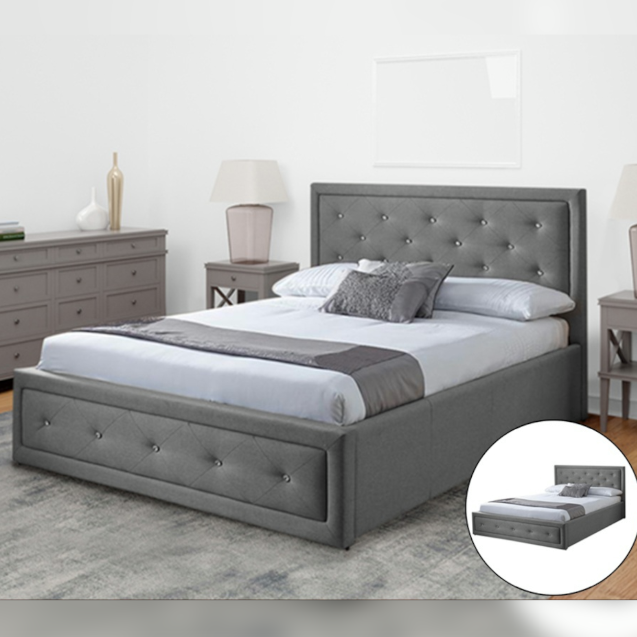 Grey Plush - Comfy Living - 3ft/4ft6/5ft Diamante Ottoman Bed and Mattress