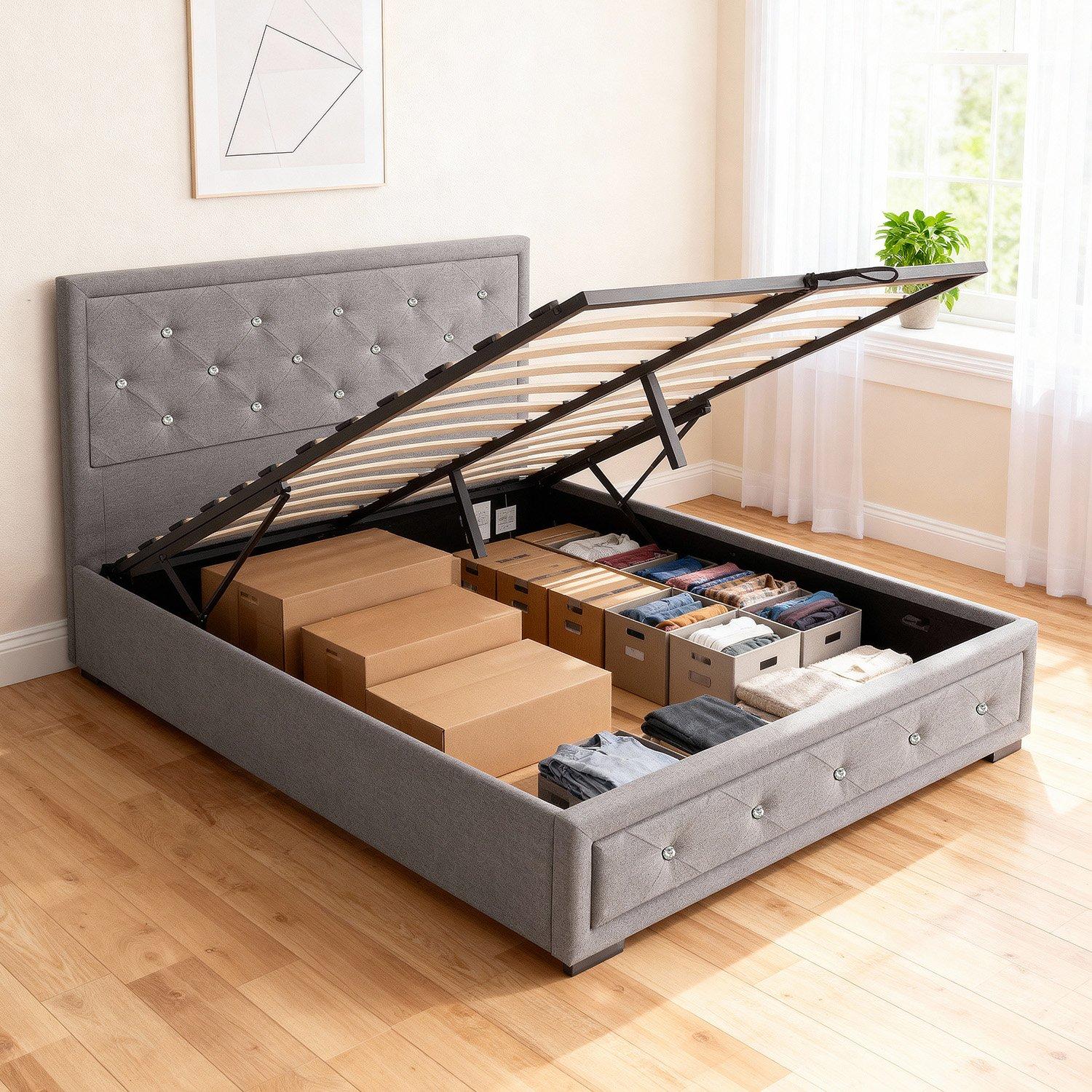 Grey Plush - Comfy Living - 3ft/4ft6/5ft Diamante Ottoman Bed and Mattress - 8