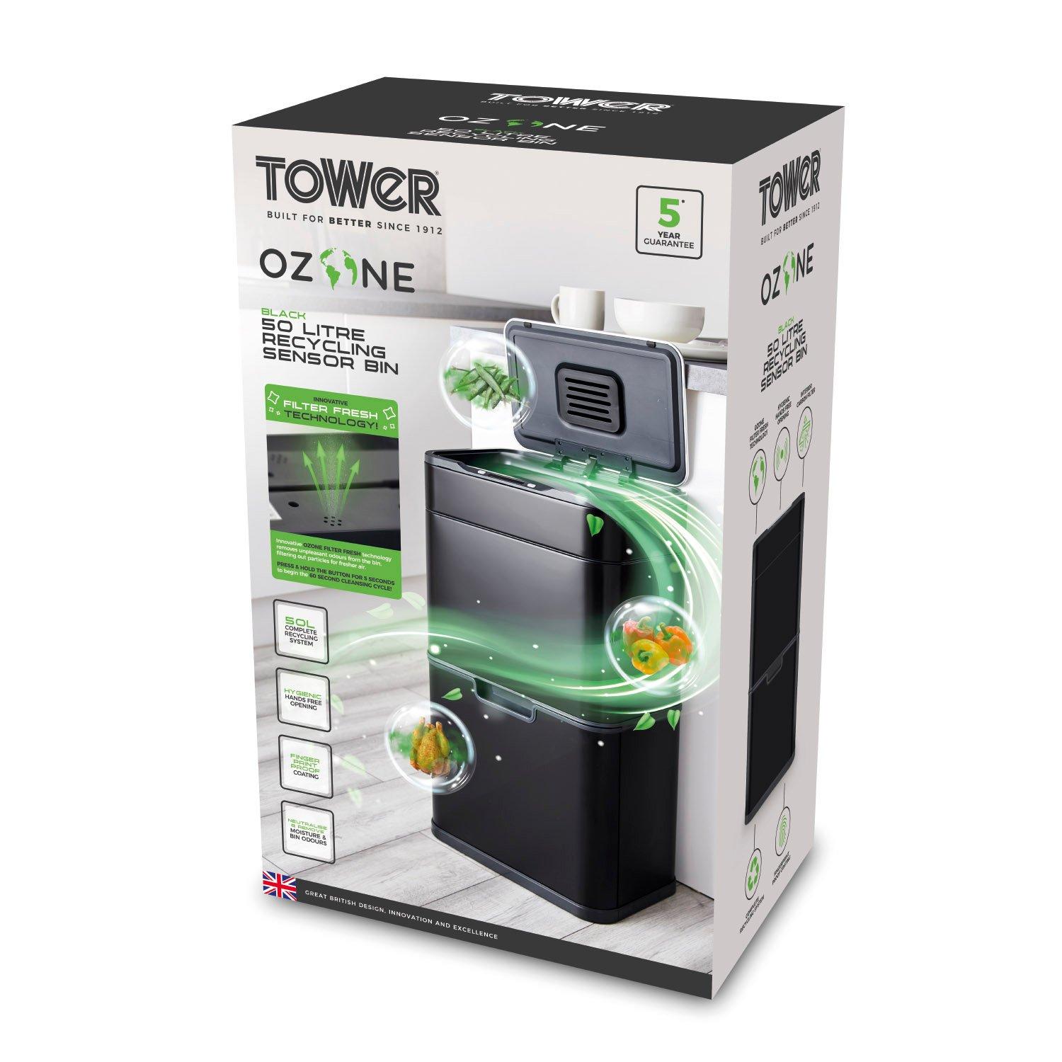 Black - Tower - 50L Ozone Recycling Sensor Bin Black - 12