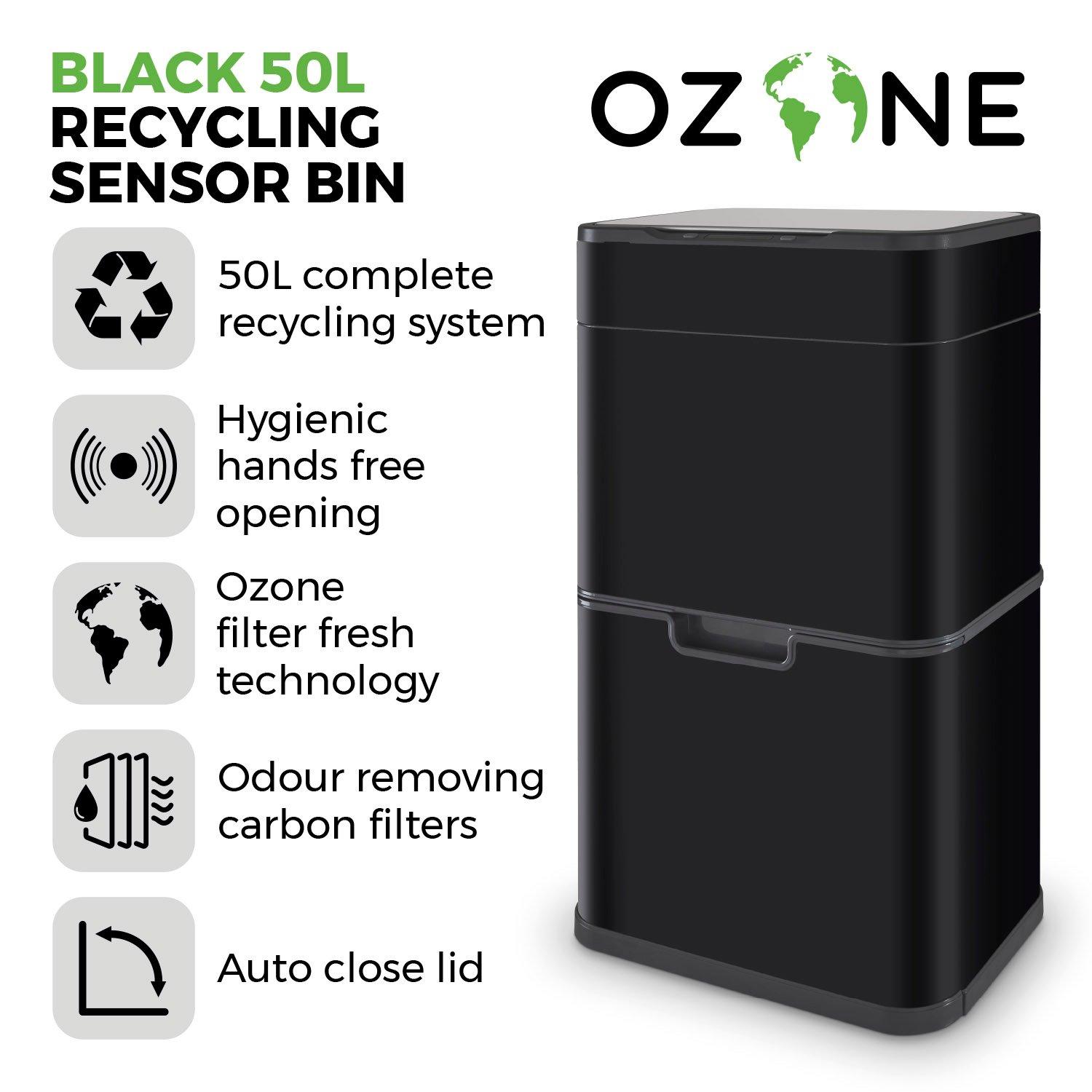 Black - Tower - 50L Ozone Recycling Sensor Bin Black - 3