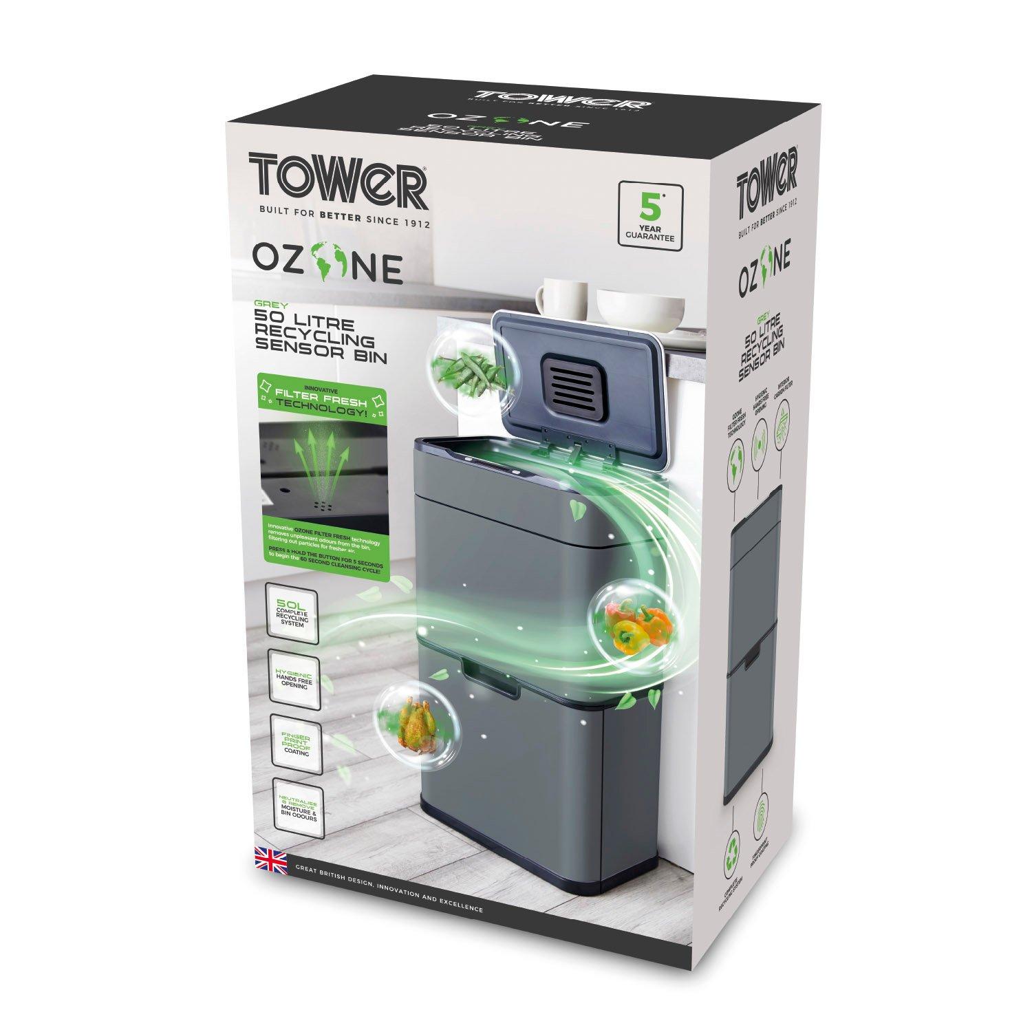 Grey - Tower - 50L Ozone Recycling Sensor Bin Grey - 12