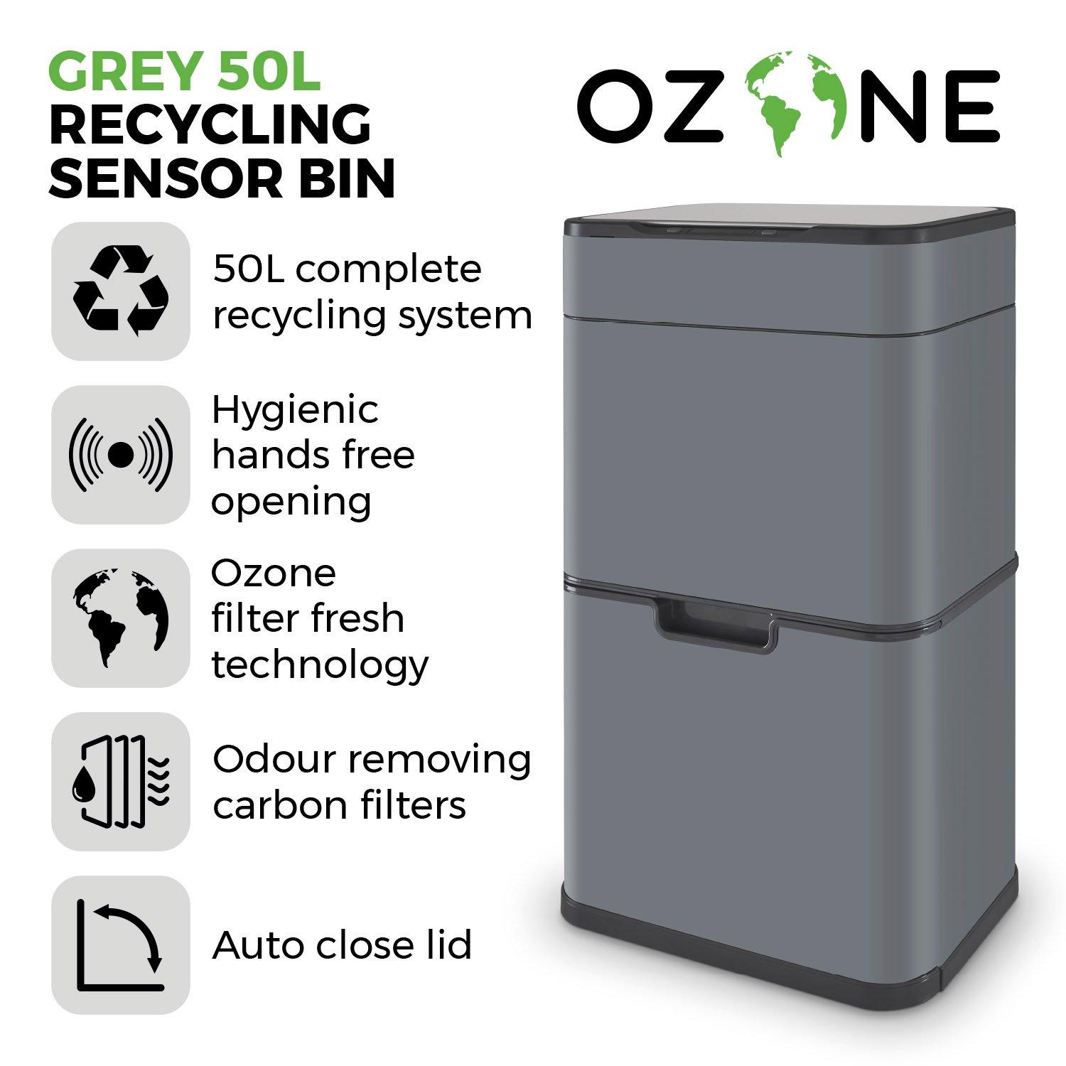 Grey - Tower - 50L Ozone Recycling Sensor Bin Grey - 3