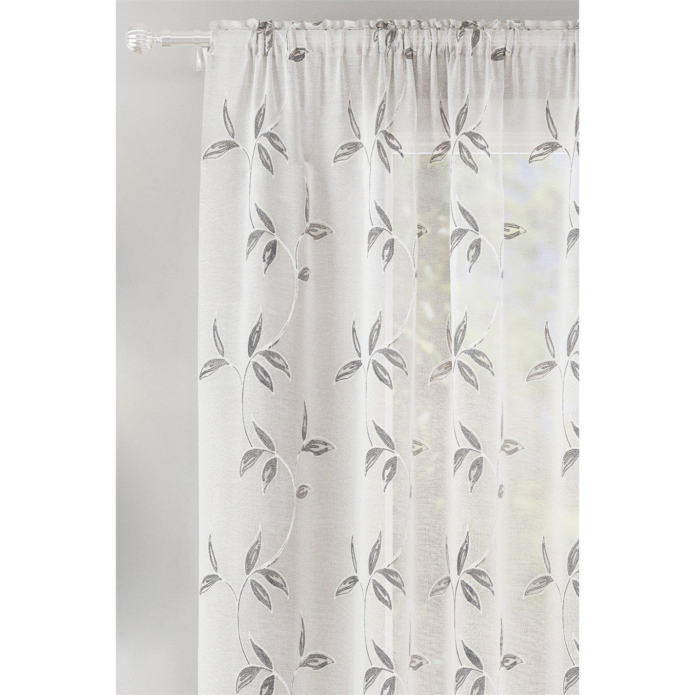 Grey - Enhanced Living - Oasis Embroidered Leaf Design Voile Panels - Pair - 2