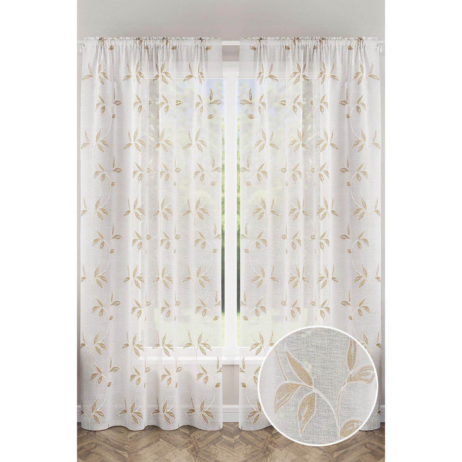 Natural - Tyrone Textiles - Oasis Embroidered Leaf Design Voile Panels - Pair - 1