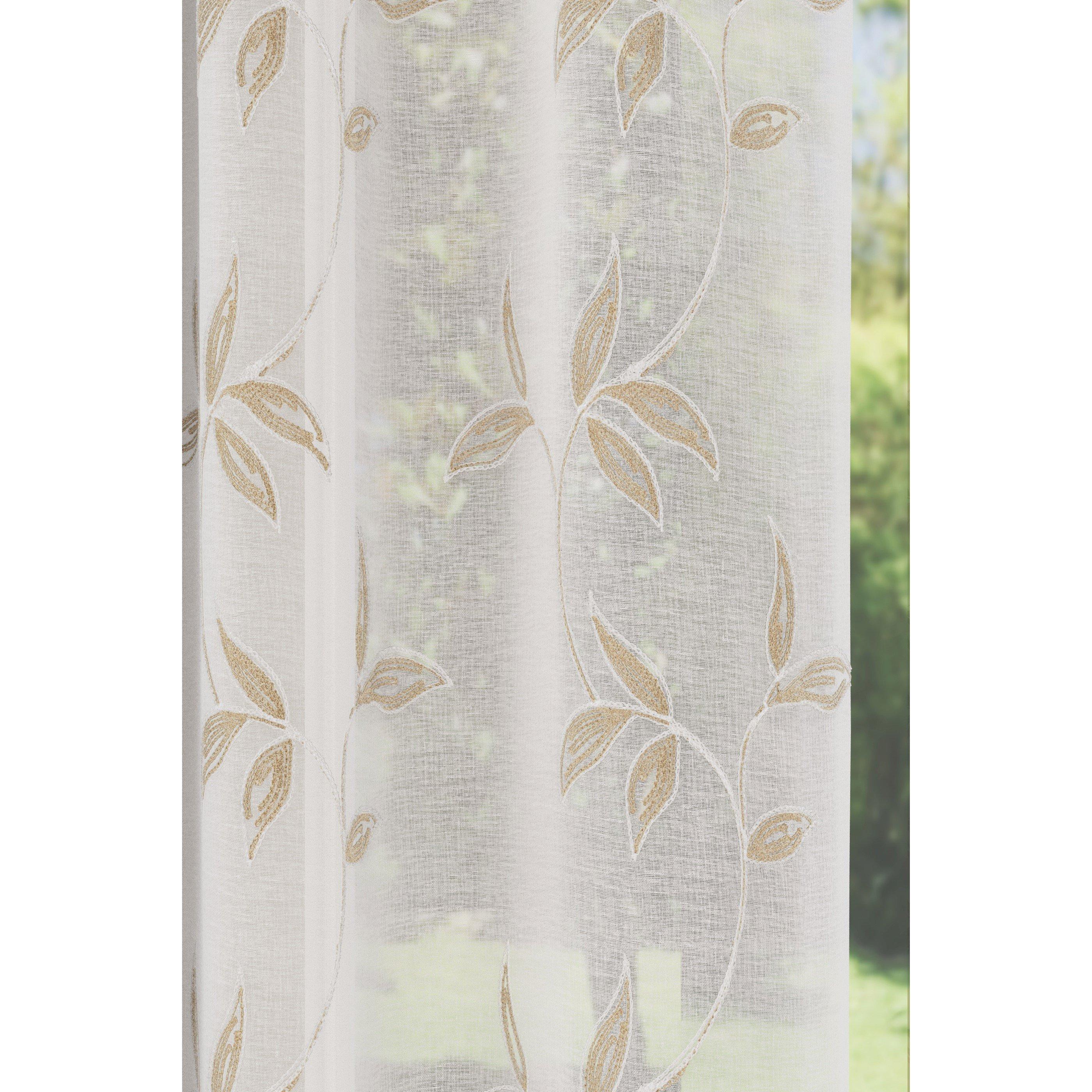 Natural - Tyrone Textiles - Oasis Embroidered Leaf Design Voile Panels - Pair - 3