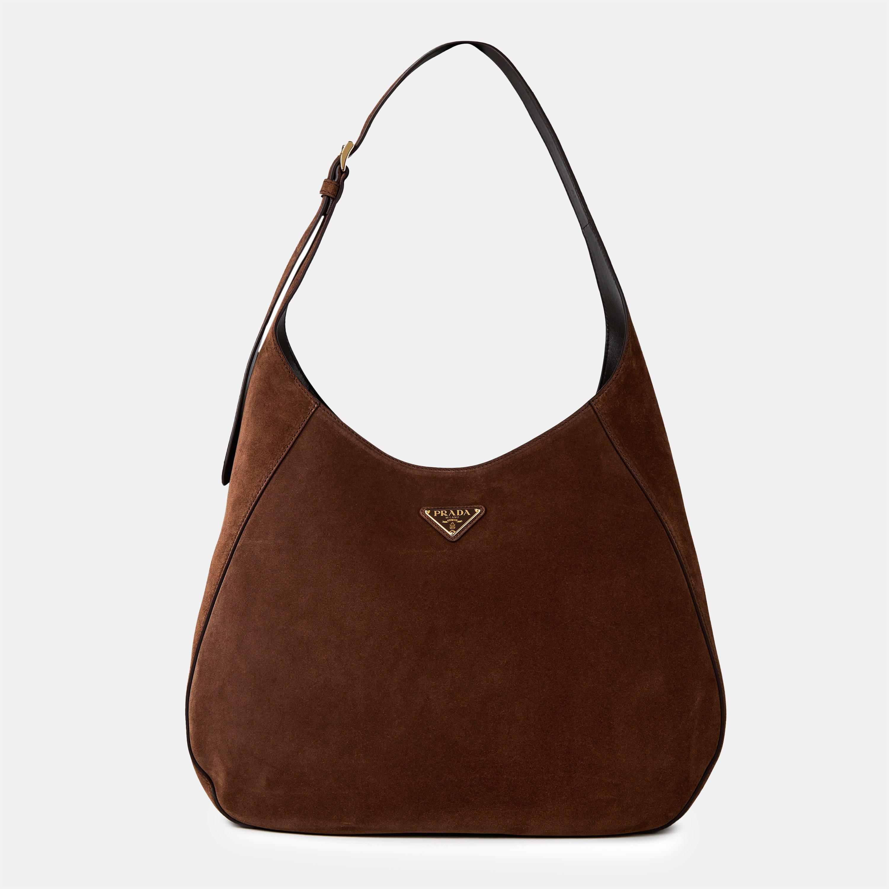 Cacao - Prada - Women'S Logo Large Suede Shoulder Tote Bag - 1